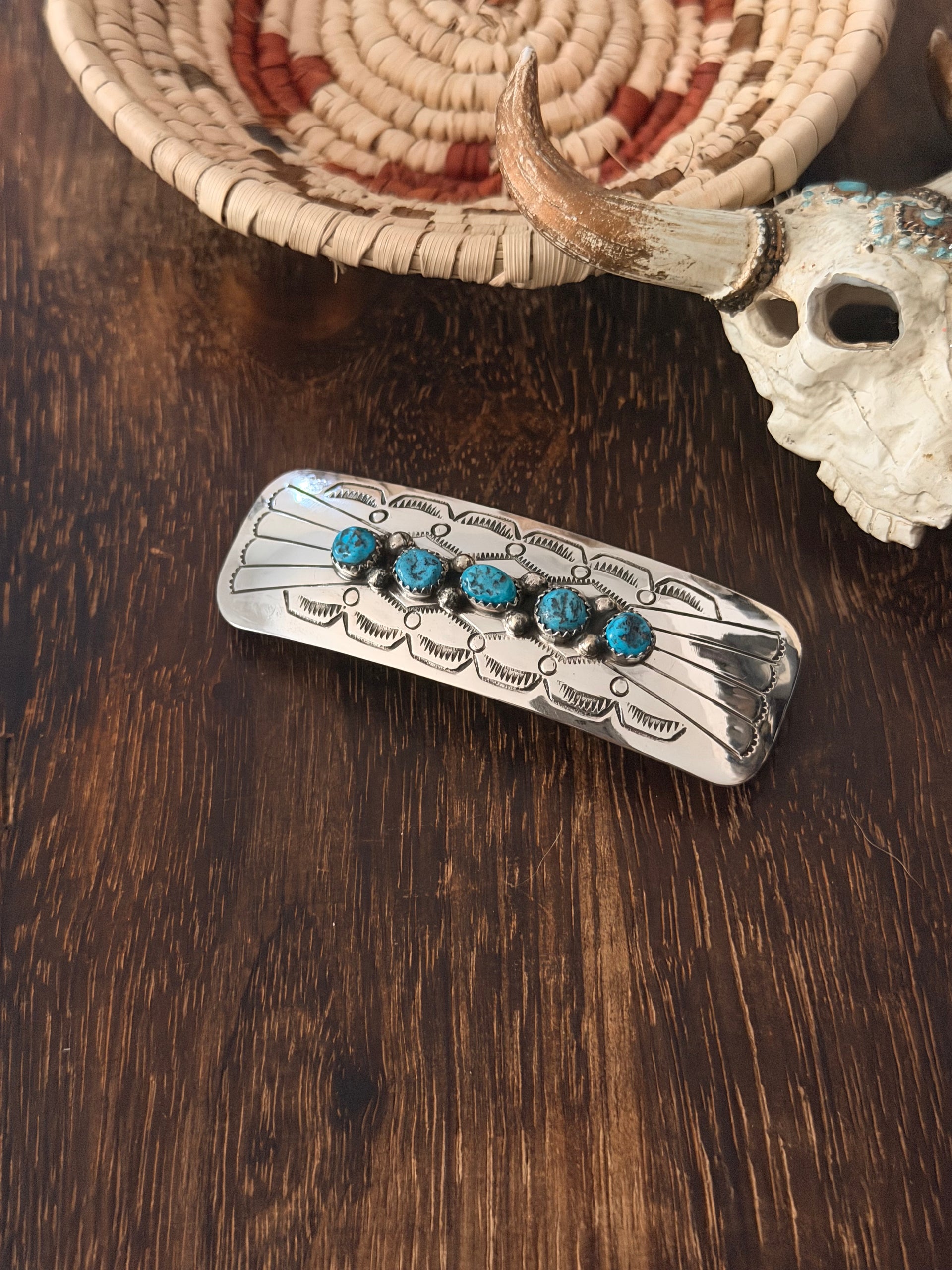 Navajo Made Kingman Turquoise & Sterling Silver Hair Barrette