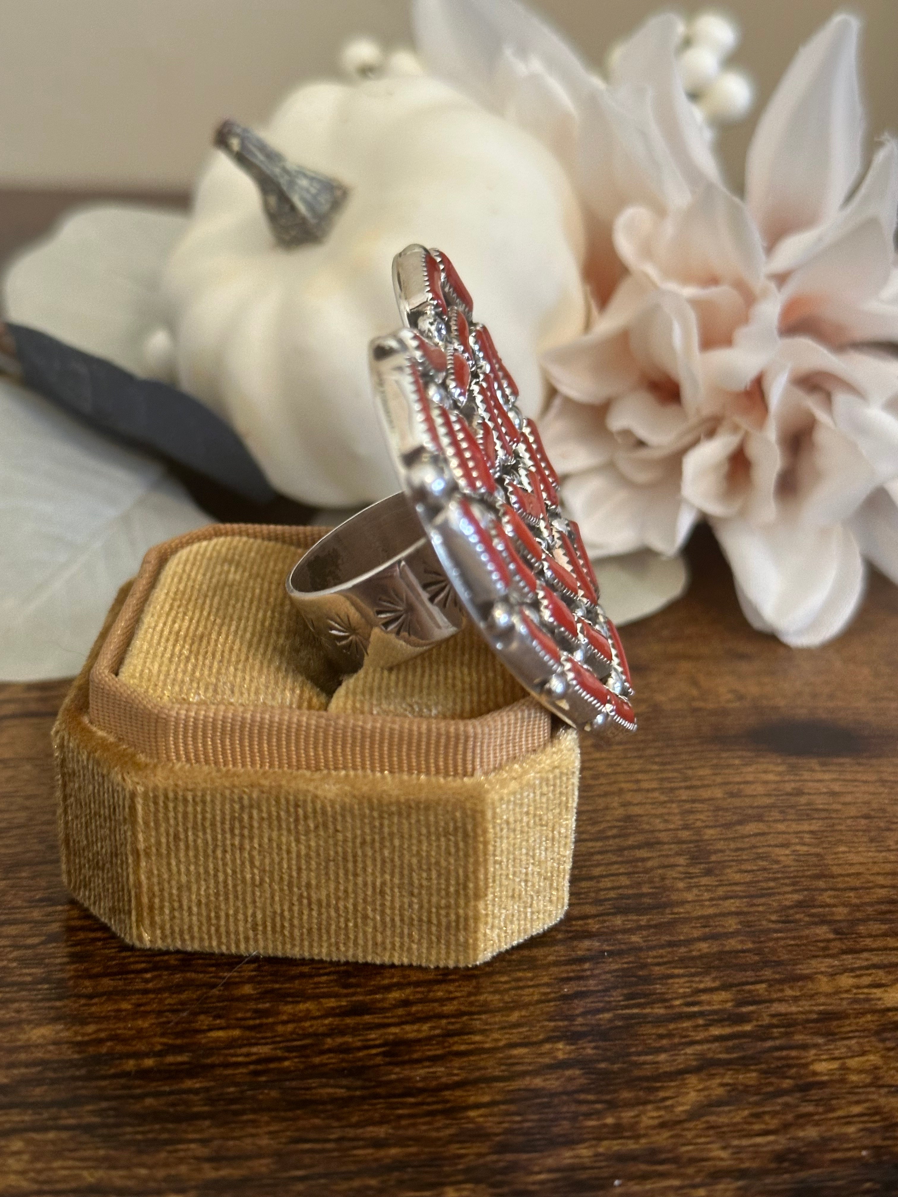 Darlene Begay Coral & Sterling Silver Adjustable Heart Ring