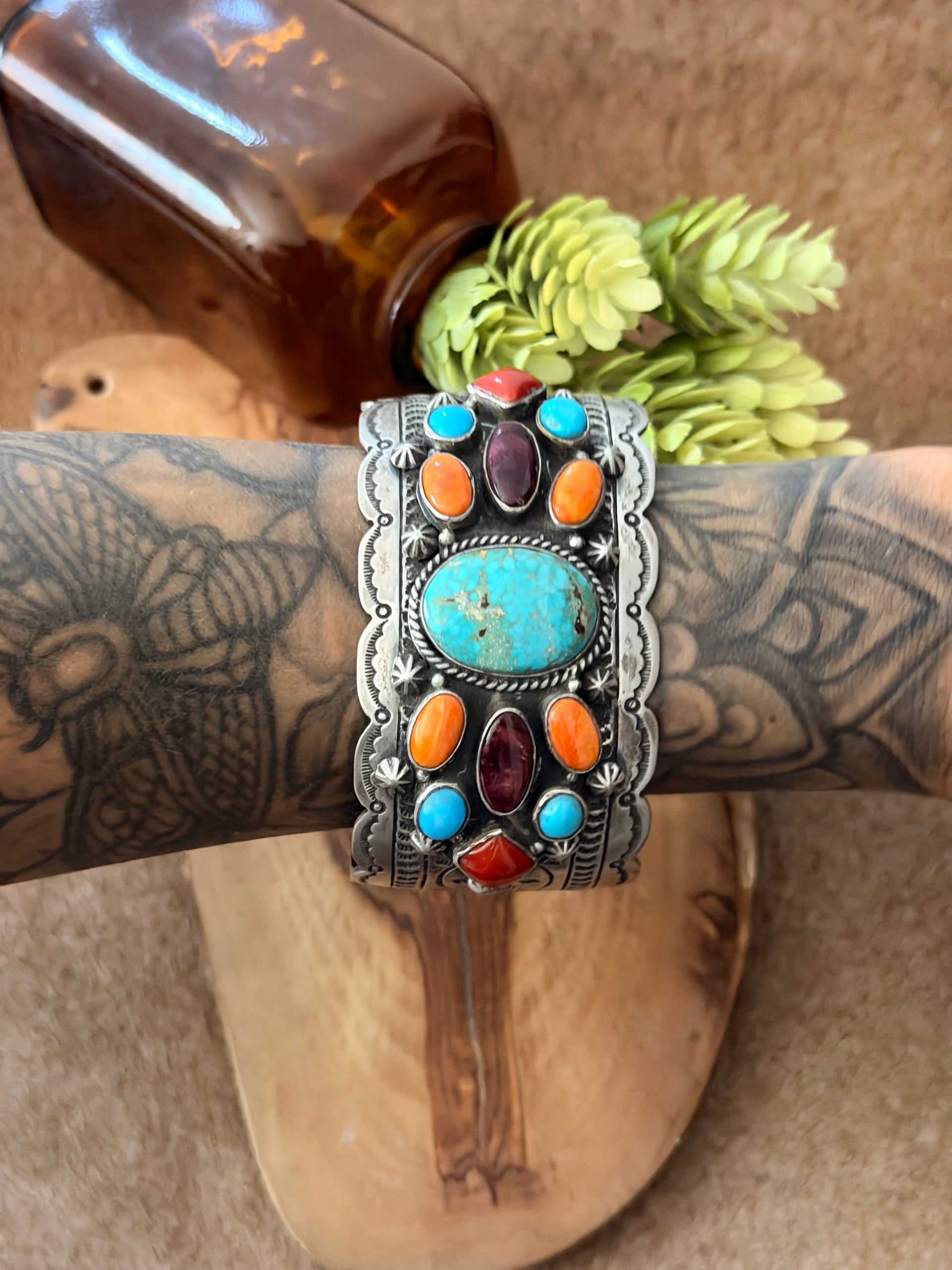 Leroy James Multi Stone & Sterling Silver Cluster Cuff Bracelet
