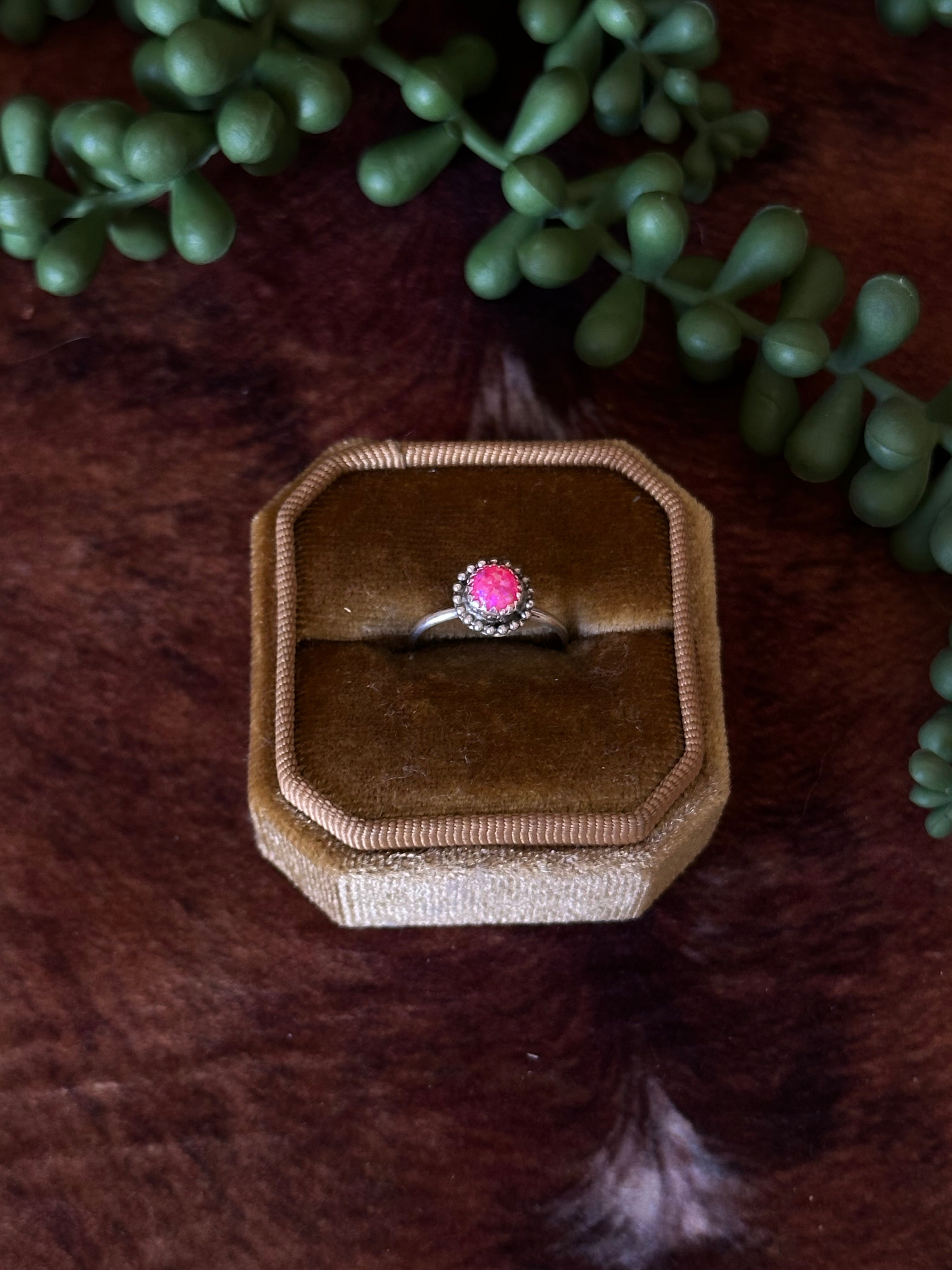Navajo Made Pink Opal (Man-Made) & Sterling Silver Ring
