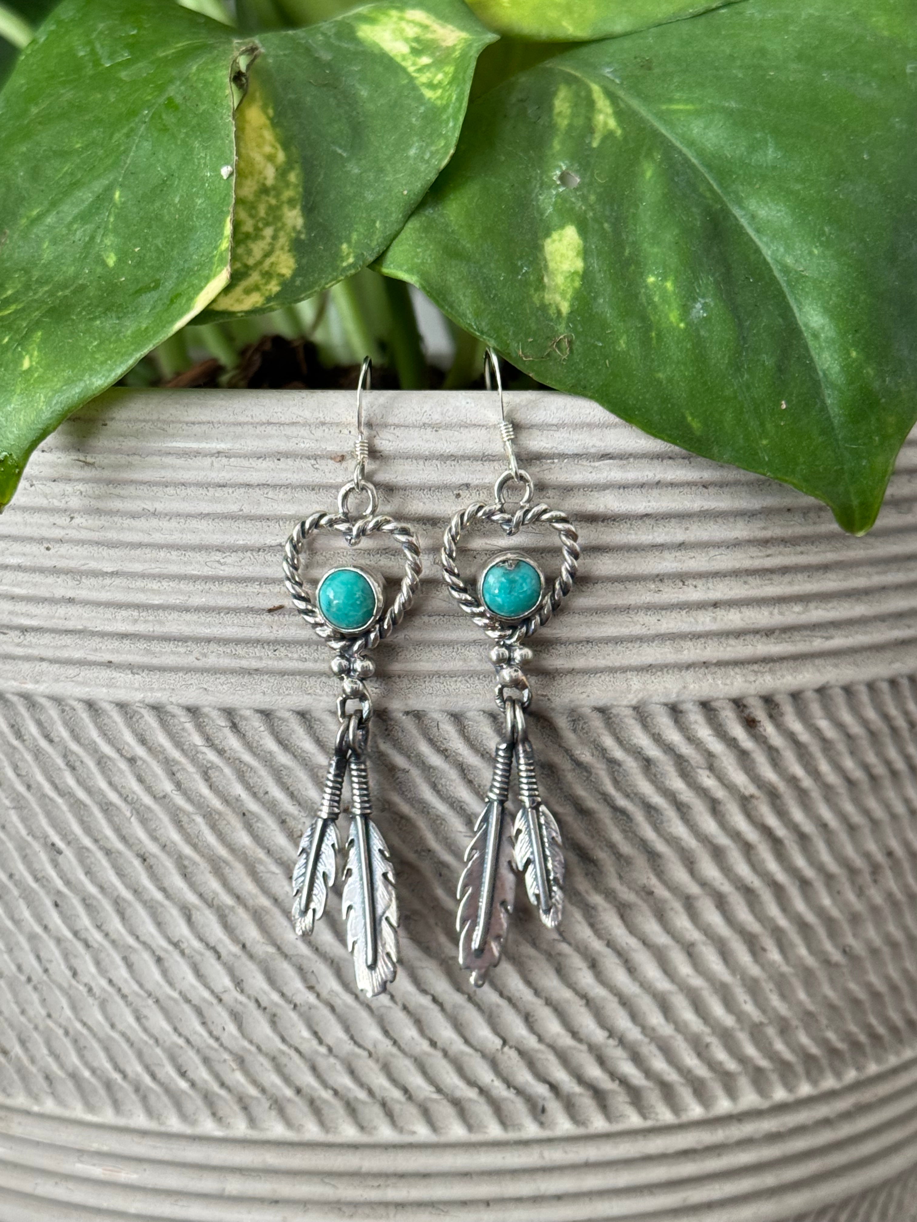 Navajo Made Kingman Turquoise & Sterling Silver Heart Dangle Earrings