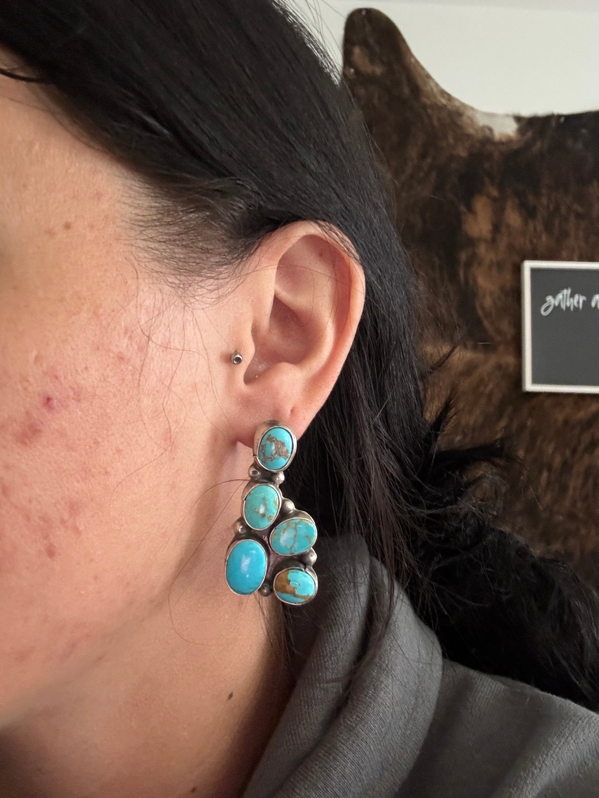 Navajo Made Kingman Turquoise & Sterling Silver Post Dangle Cluster Earrings