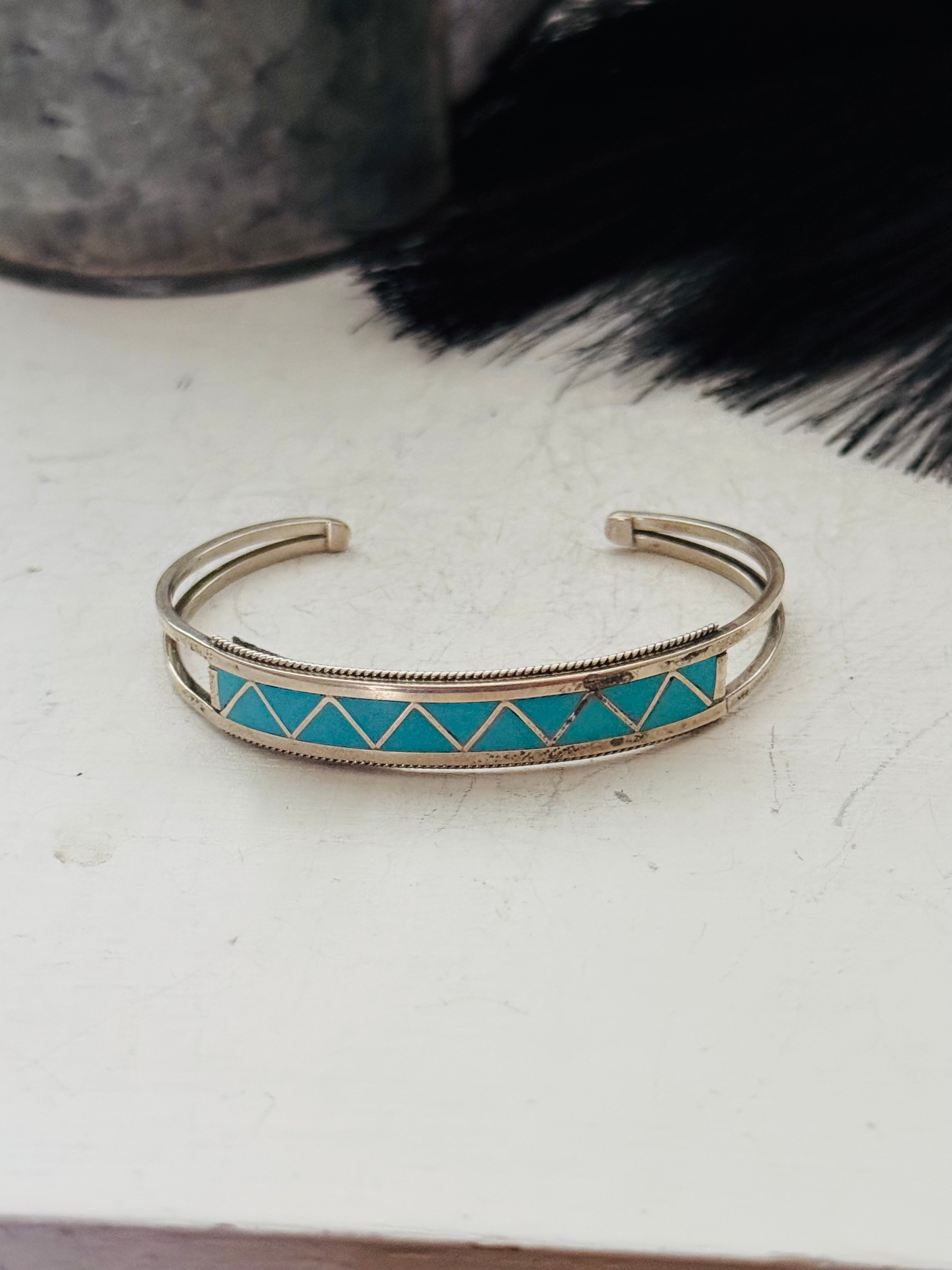 Zuni Made Kingman Turquoise & Sterling Silver Inlay Cuff Bracelet