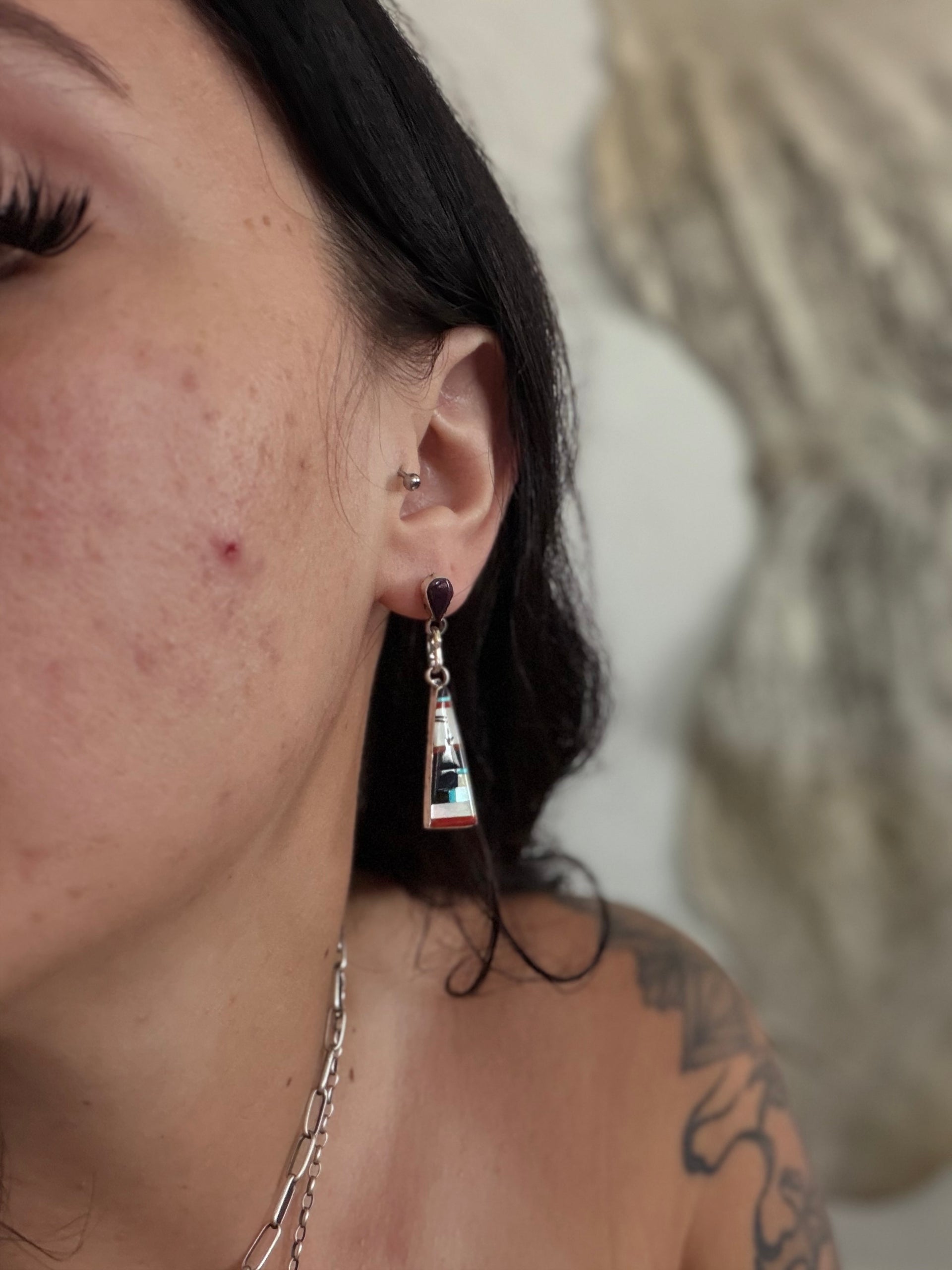 Zuni Made Multi Stone & Sterling Silver Post Dangle Earrings