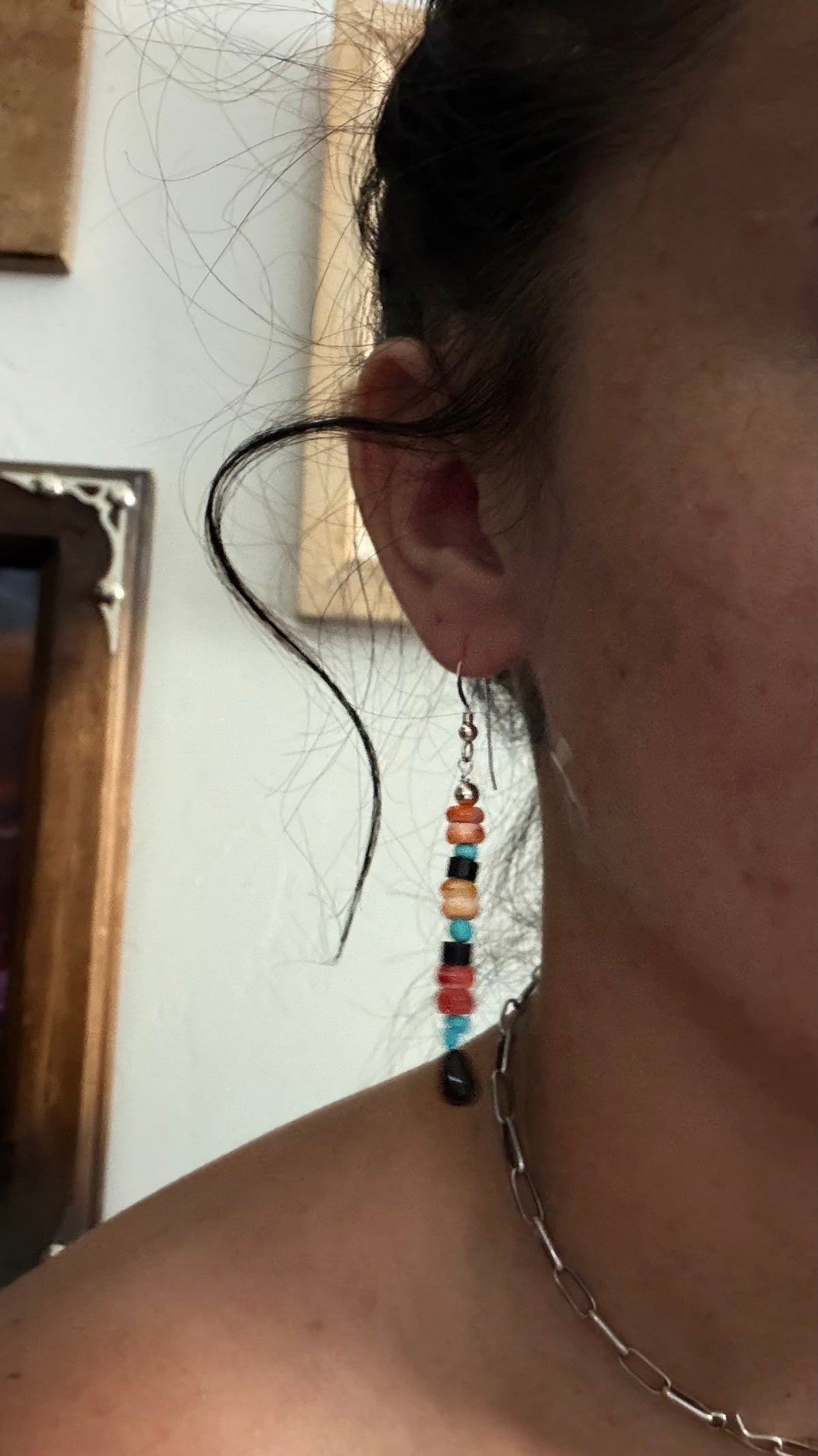 Navajo Made Multi Stone & Sterling Silver Dangle Beaded Earrings