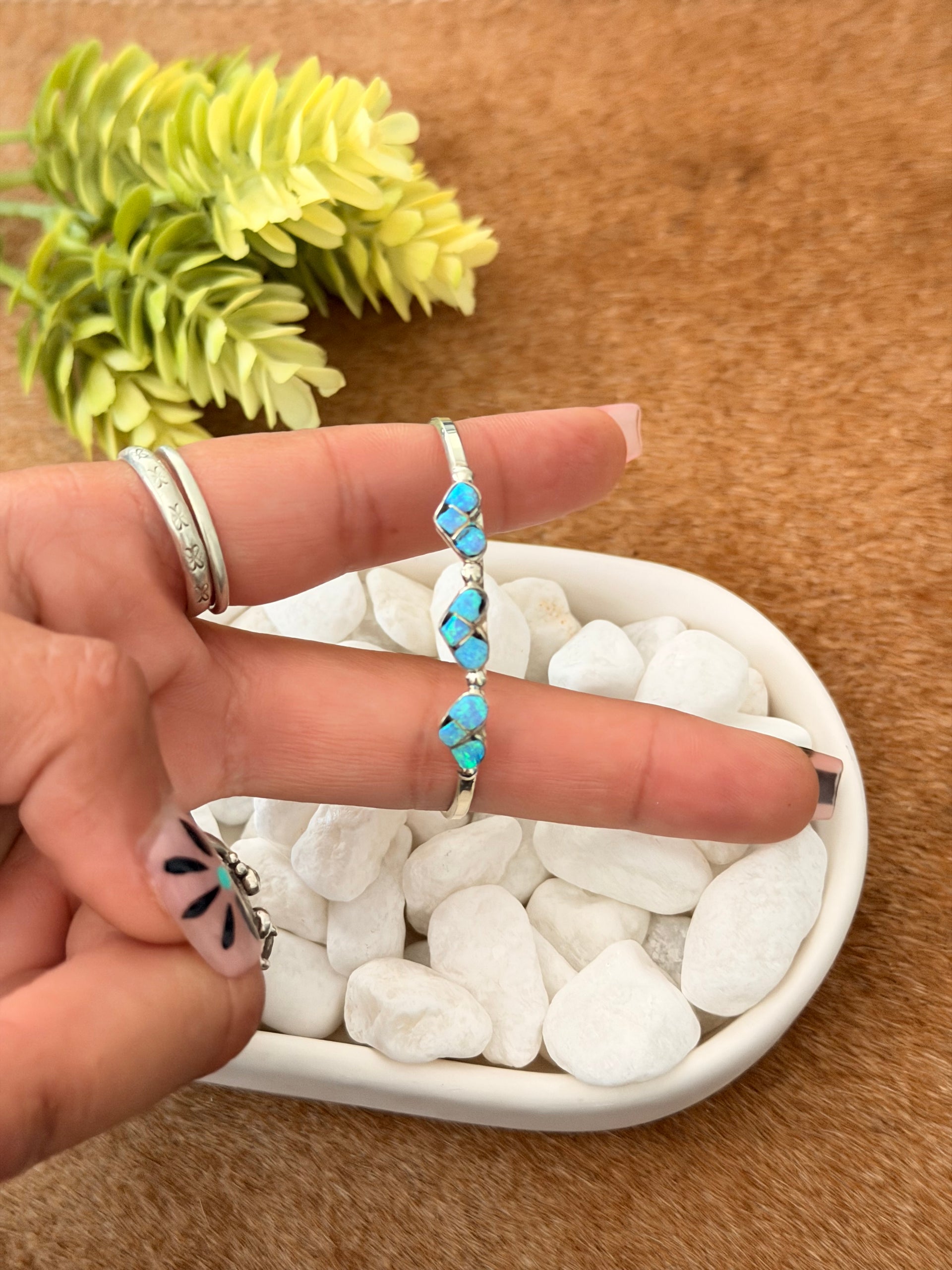 Zuni Made Opal (Man Made) & Sterling Silver Heart Inlay Baby Cuff Bracelet