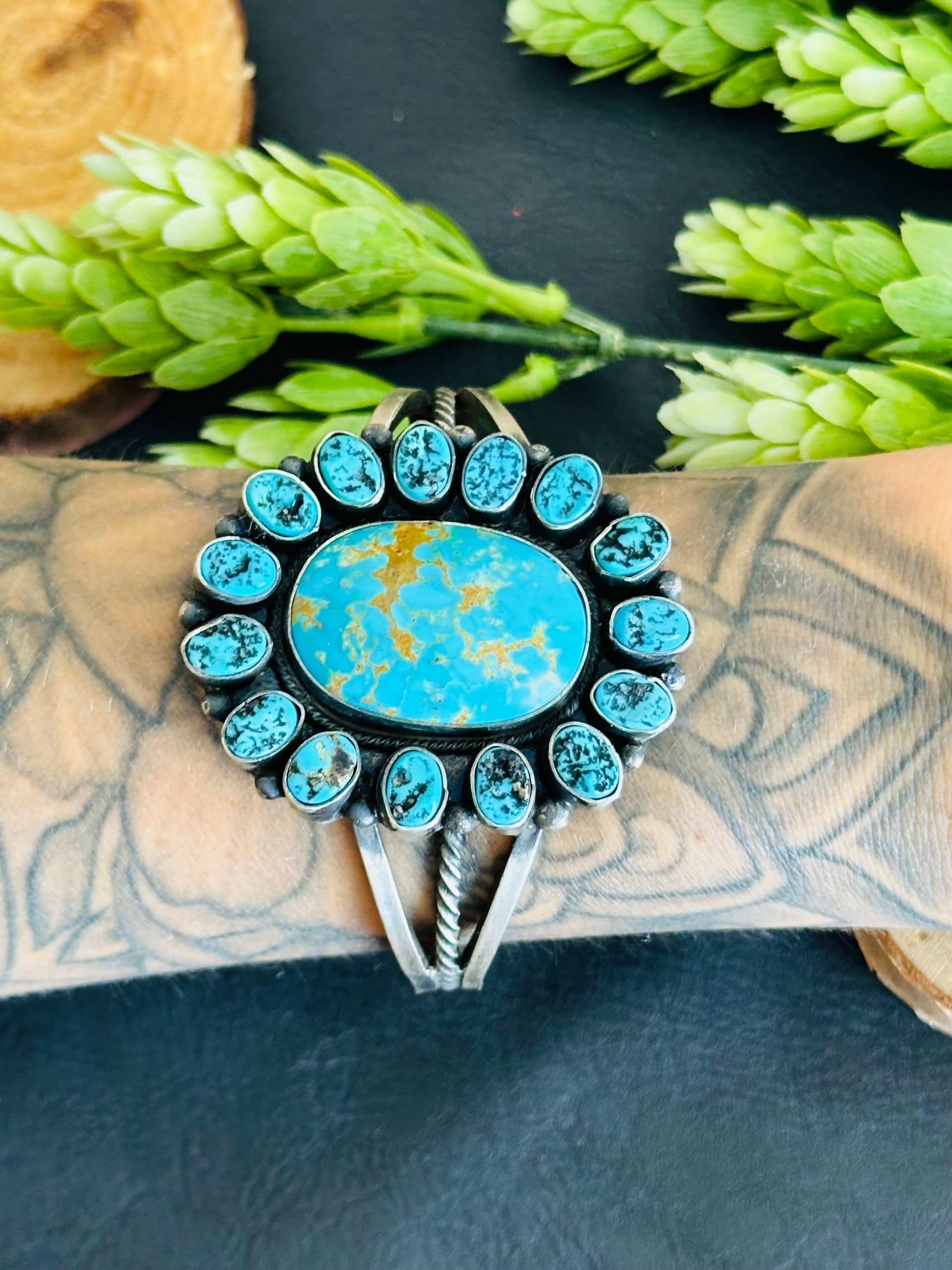 Navajo Made Kingman Turquoise & Sterling Silver Cluster Cuff Bracelet
