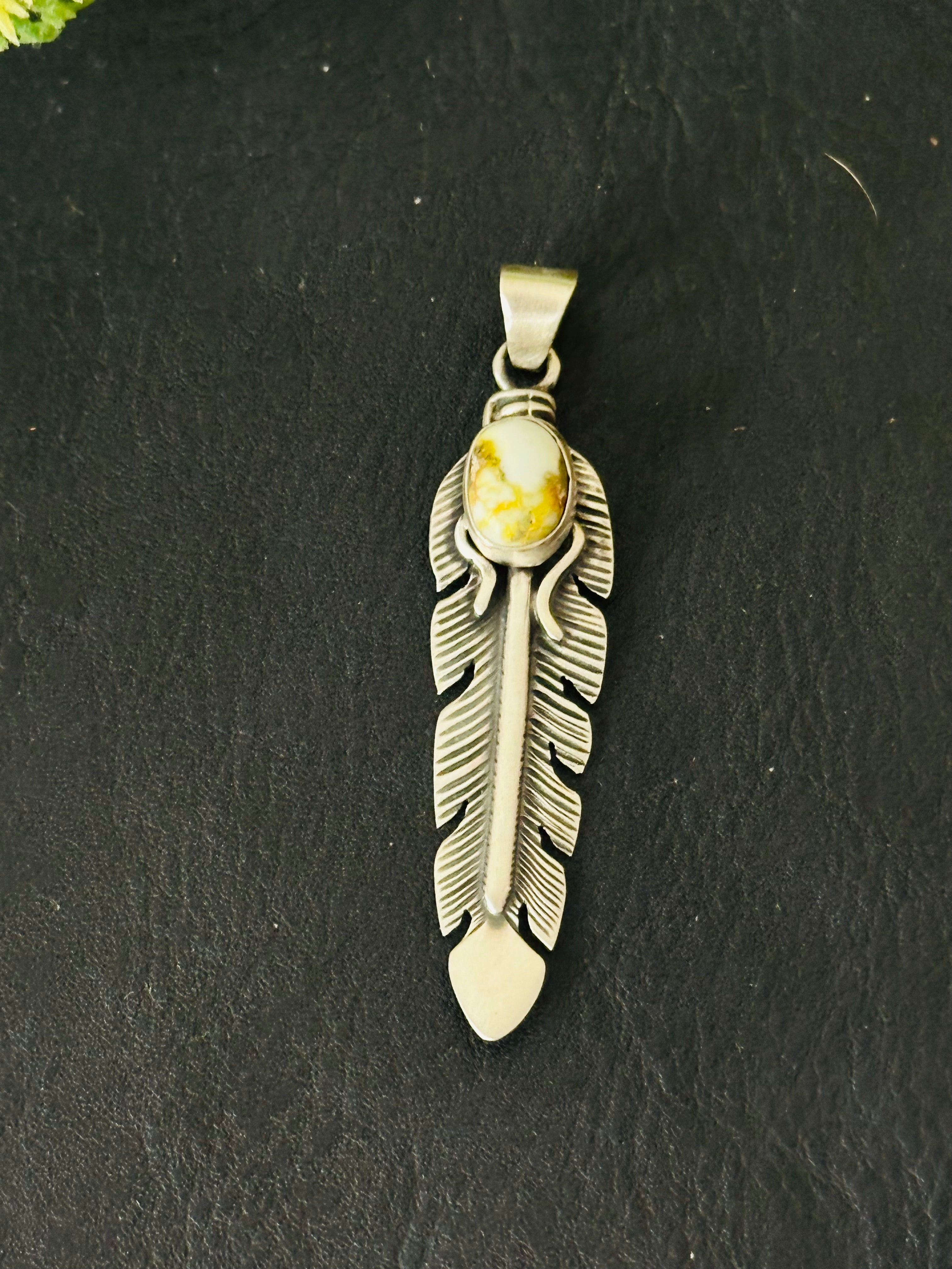 Jereme Delgarito Palomino Variscite & Sterling Silver Feather Pendant