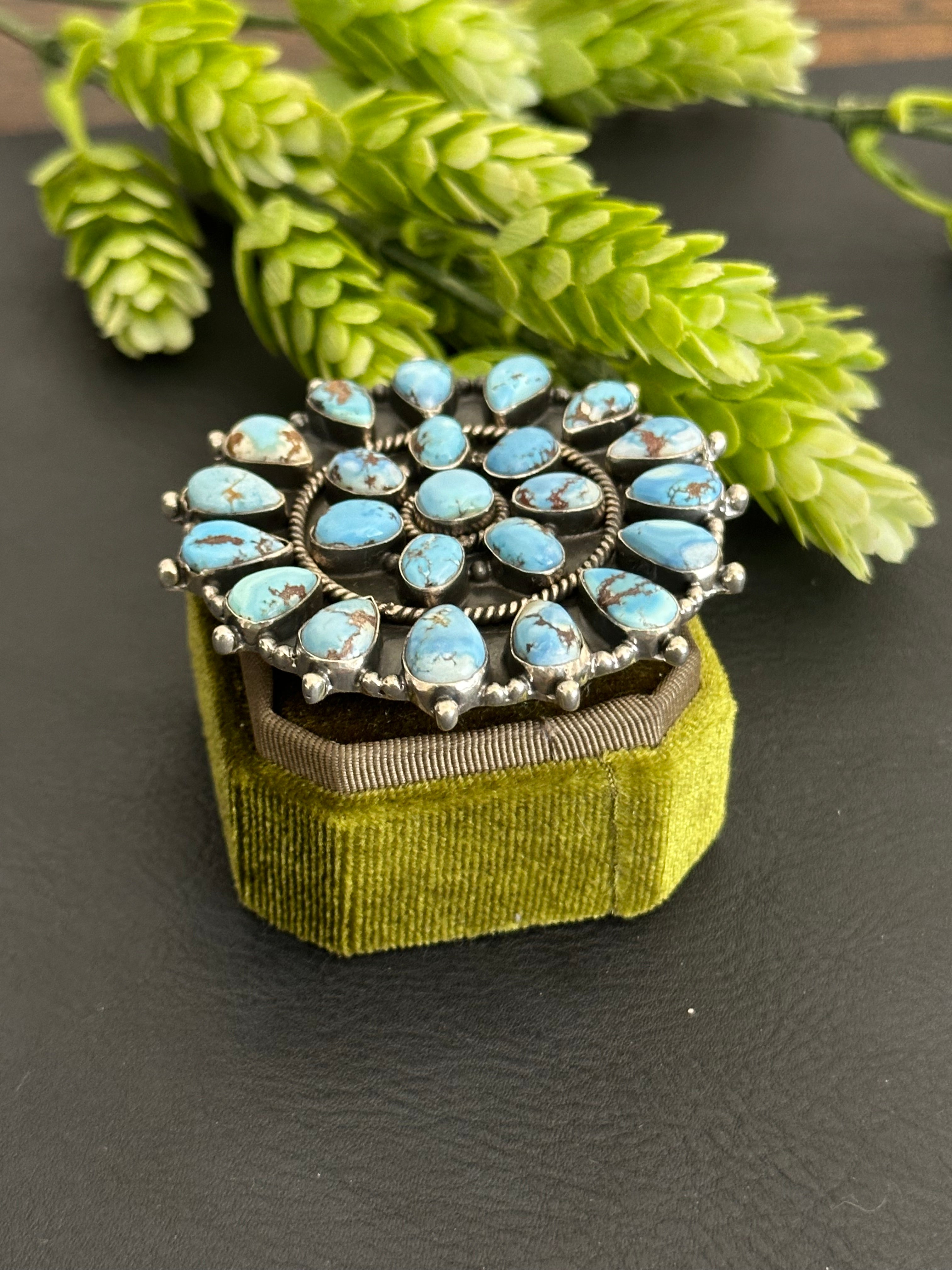 Southwest Handmade Golden Hills Turquoise & Sterling Silver Adjustable Cluster Ring