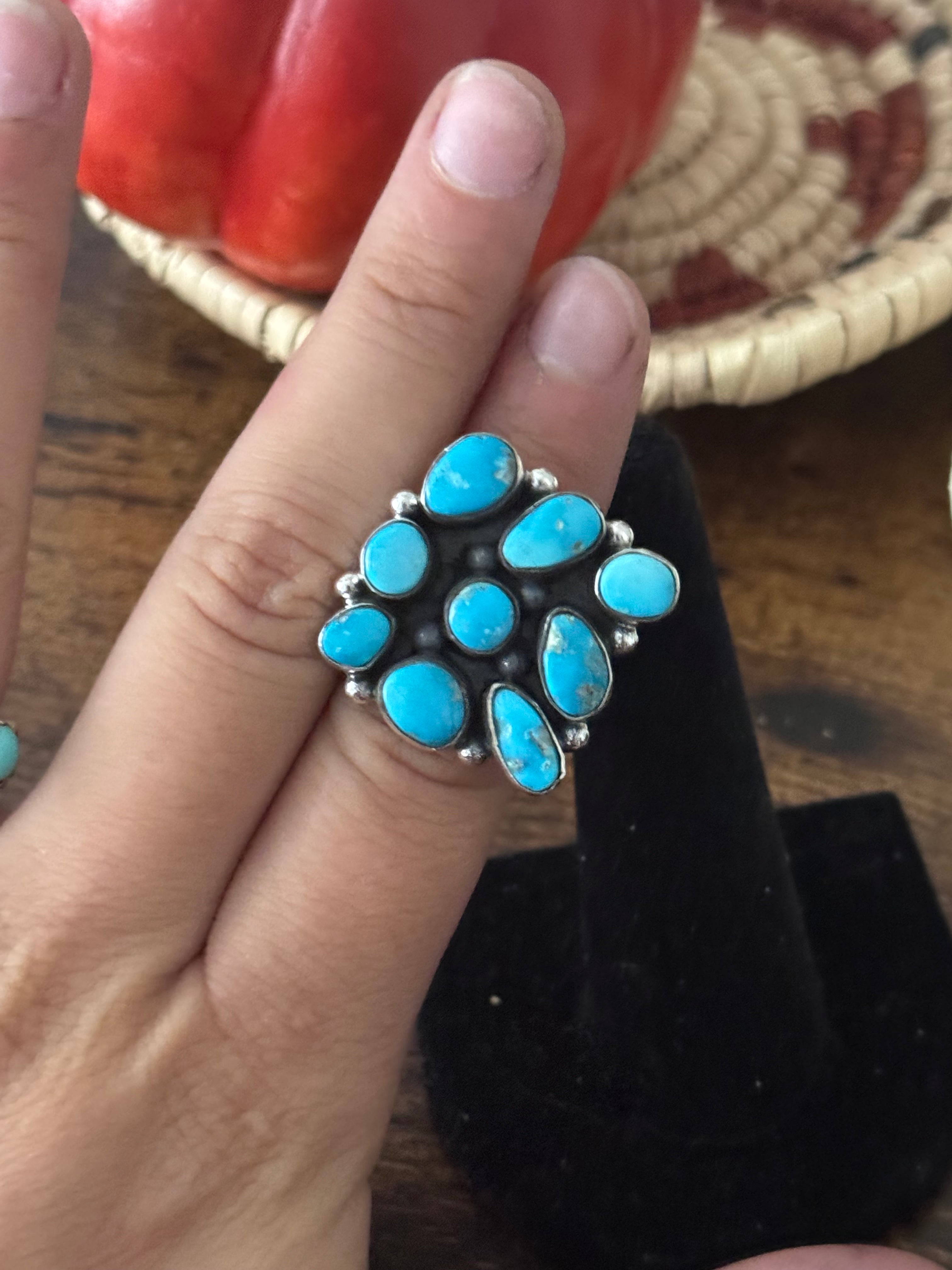 Southwest Handmade Valley Blue Turquoise & Sterling Silver Adjustable Cluster Ring