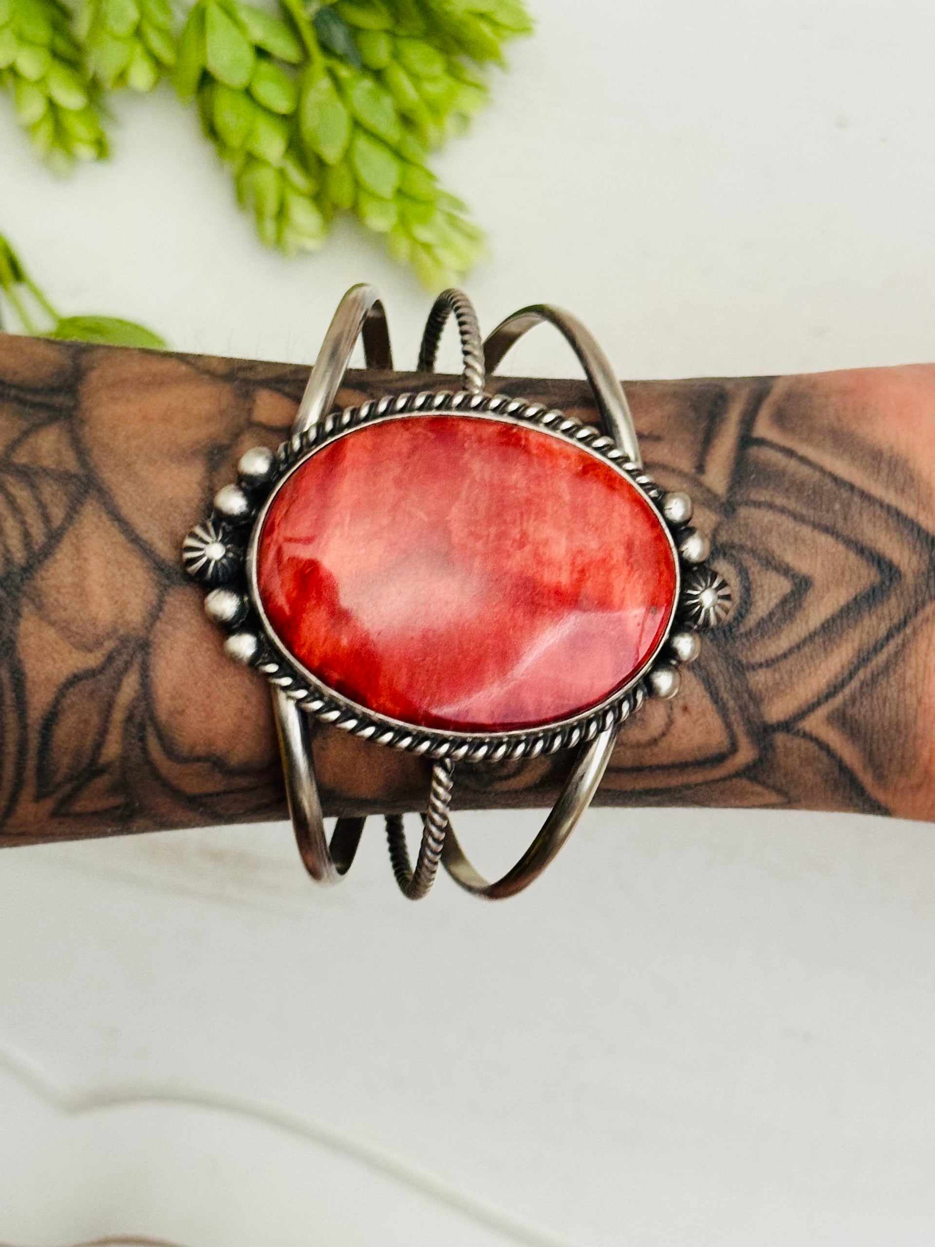 Irene Kee Red Spiny Oyster & Sterling Silver Cuff Bracelet