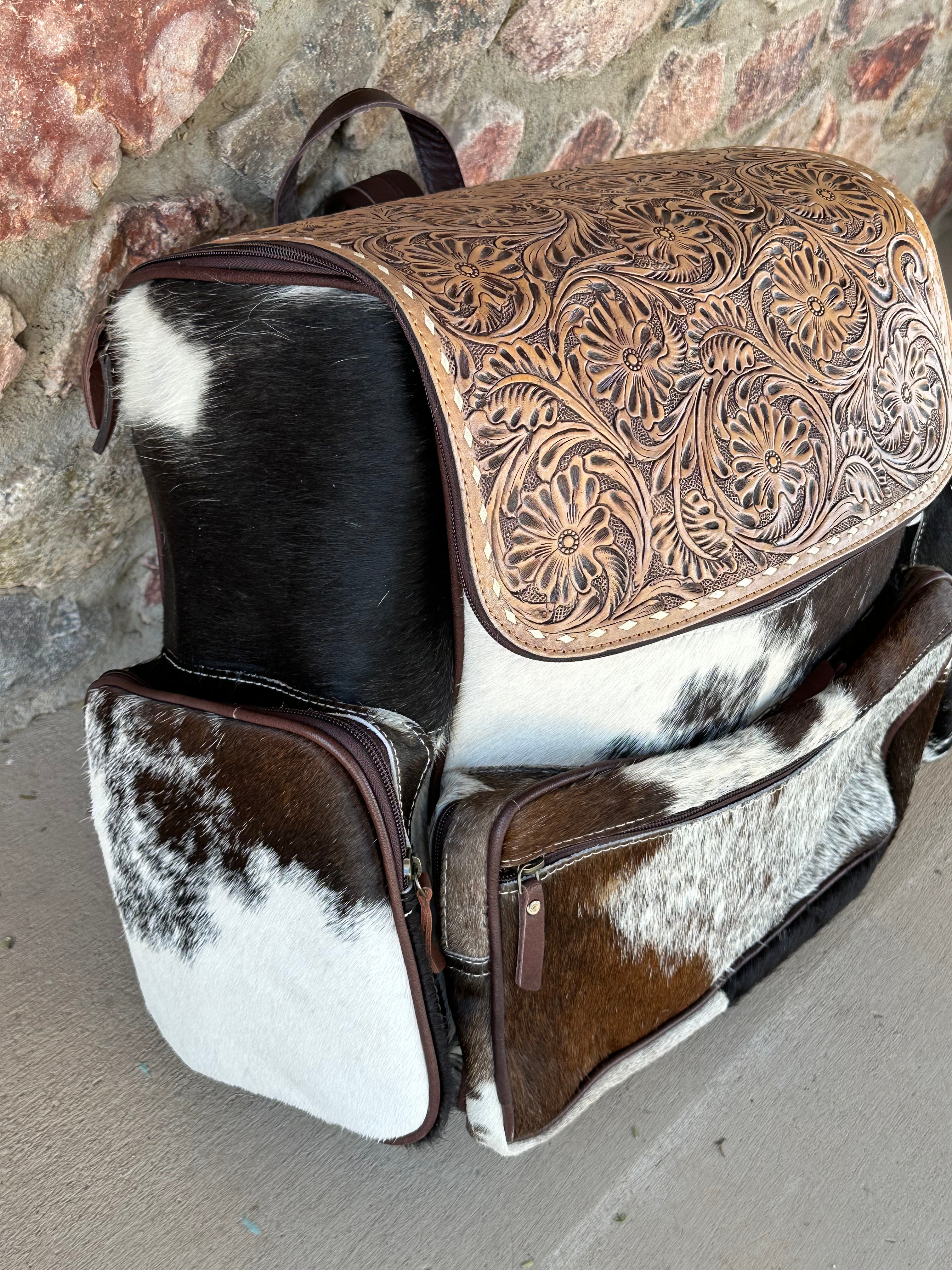 Genuine Tooled Leather Cowhide Back Pack/Diaper Bag