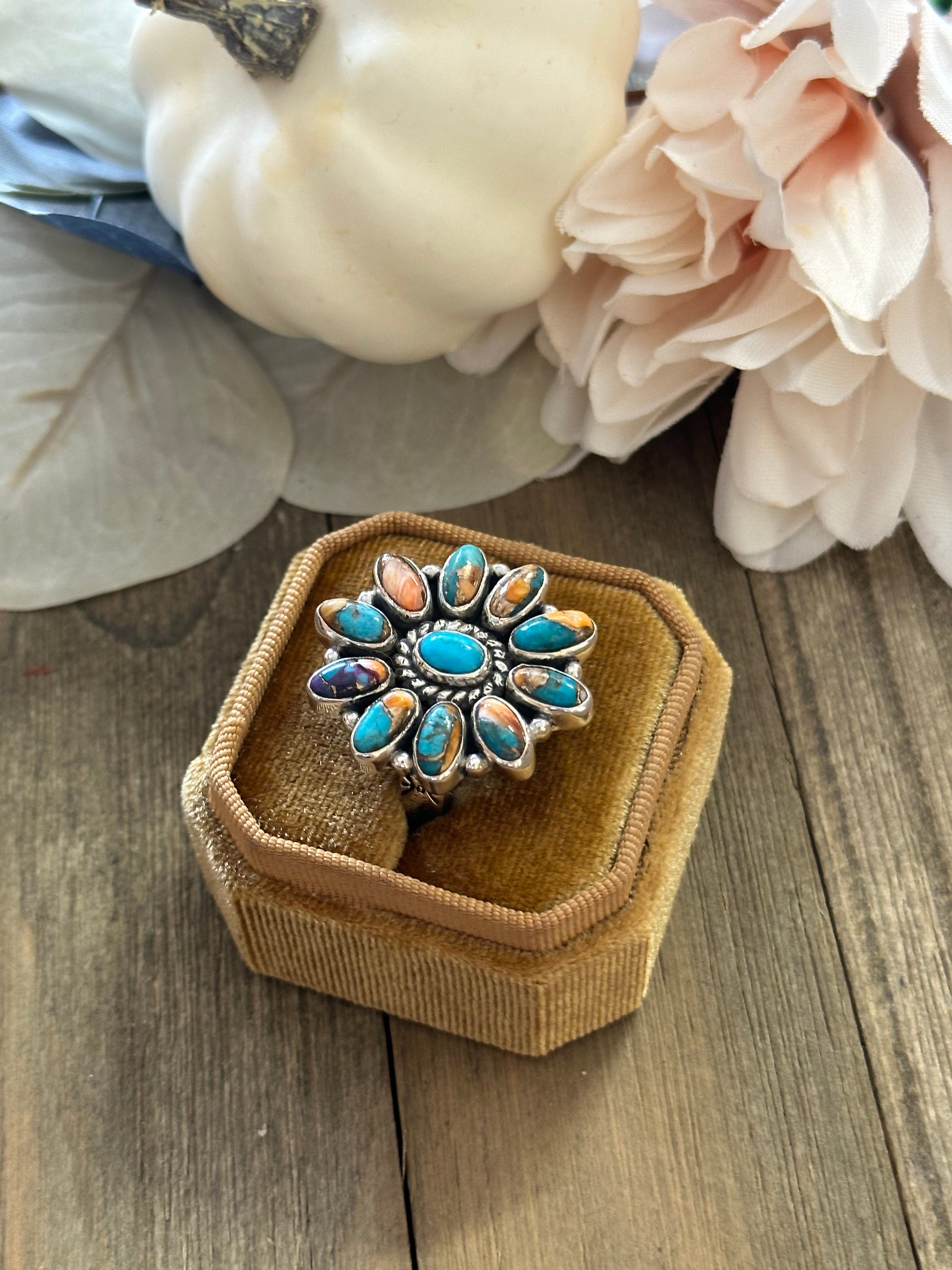 Southwest Handmade Mohave Turquoise & Sterling Silver Adjustable Cluster Ring