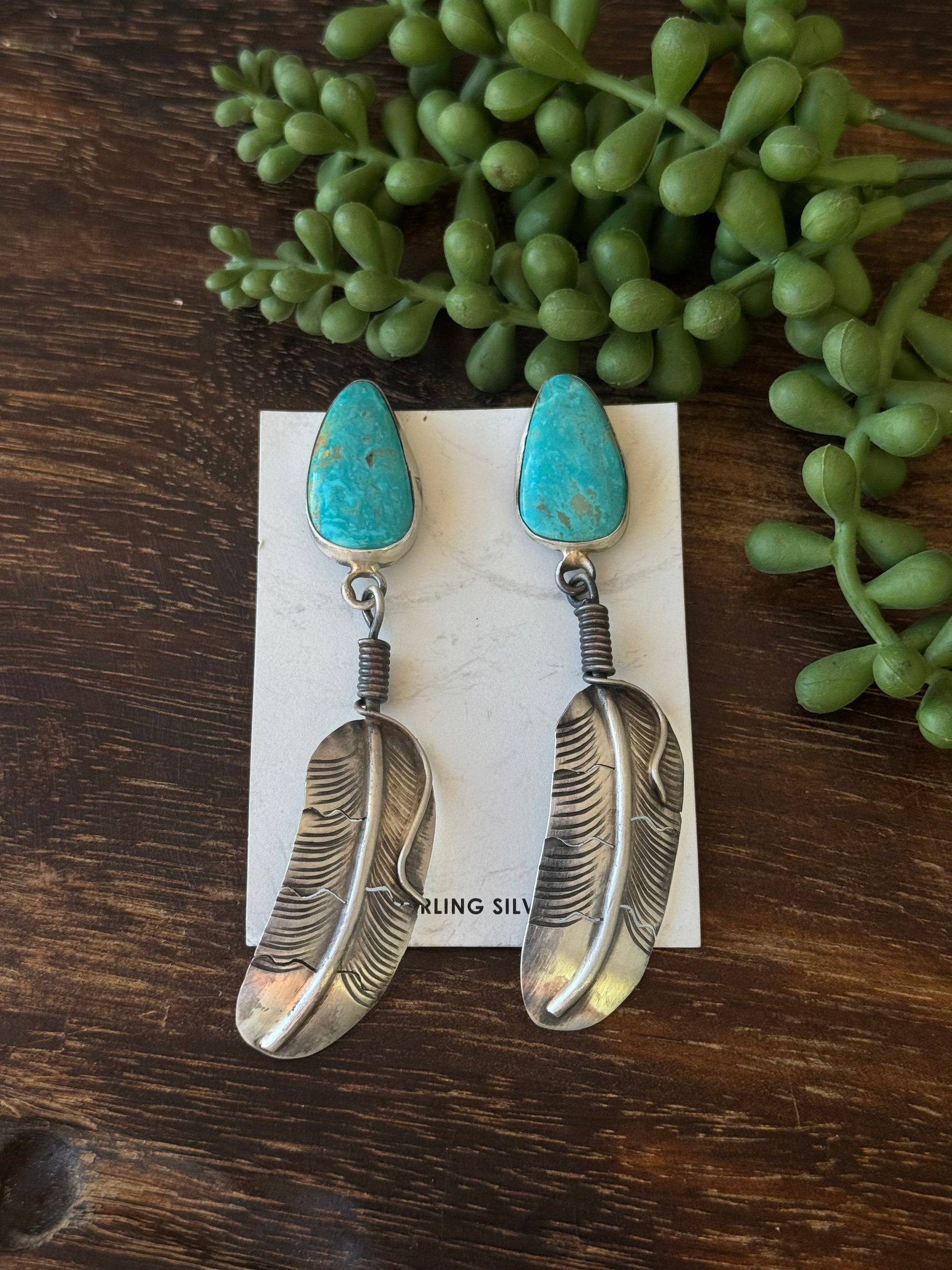 Kobe Martinez Kingman Turquoise & Sterling Silver Post Dangle Feather Earrings