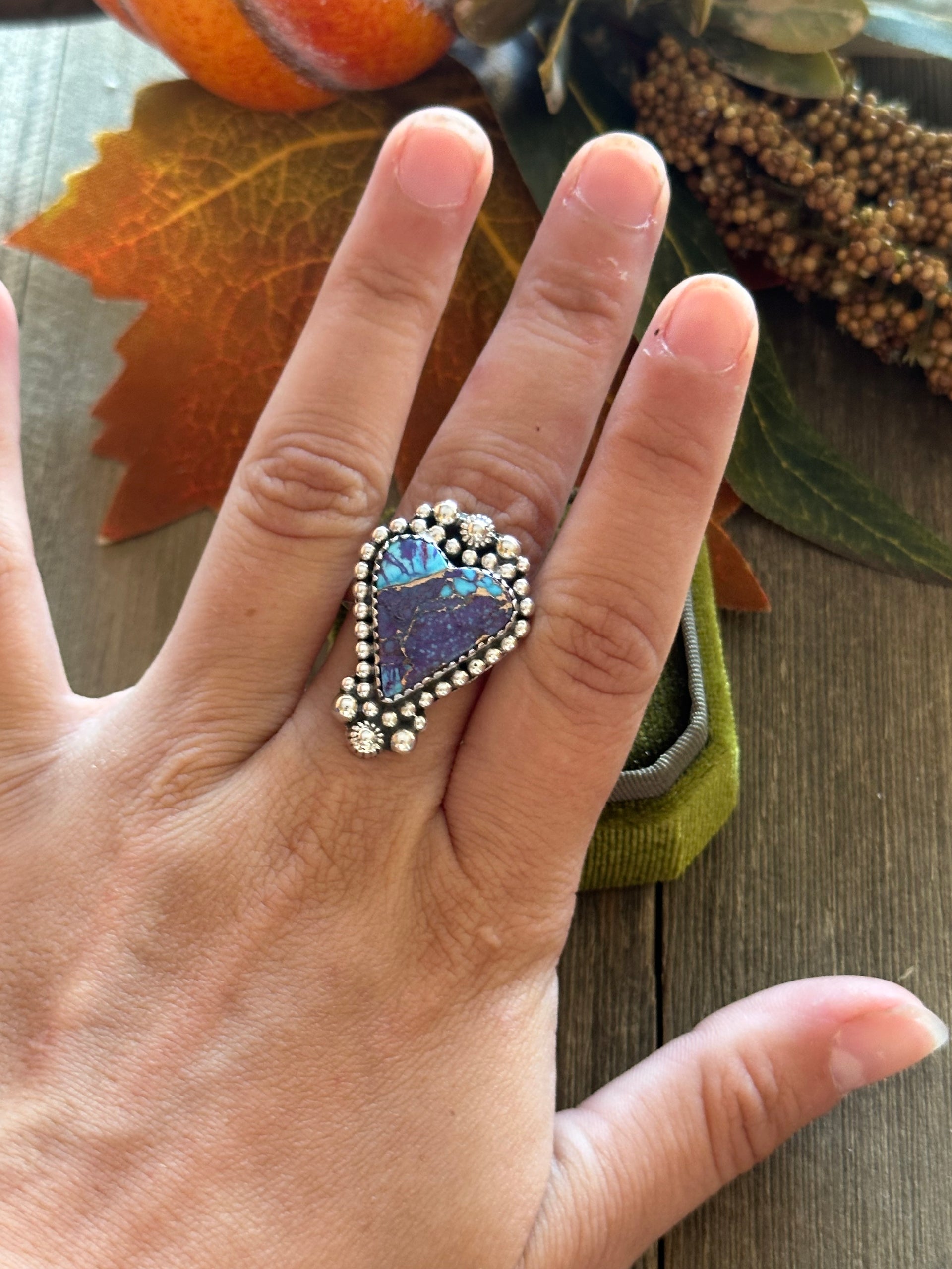 Southwest Handmade Mohave Turquoise & Sterling Silver Heart Ring Size 8.75