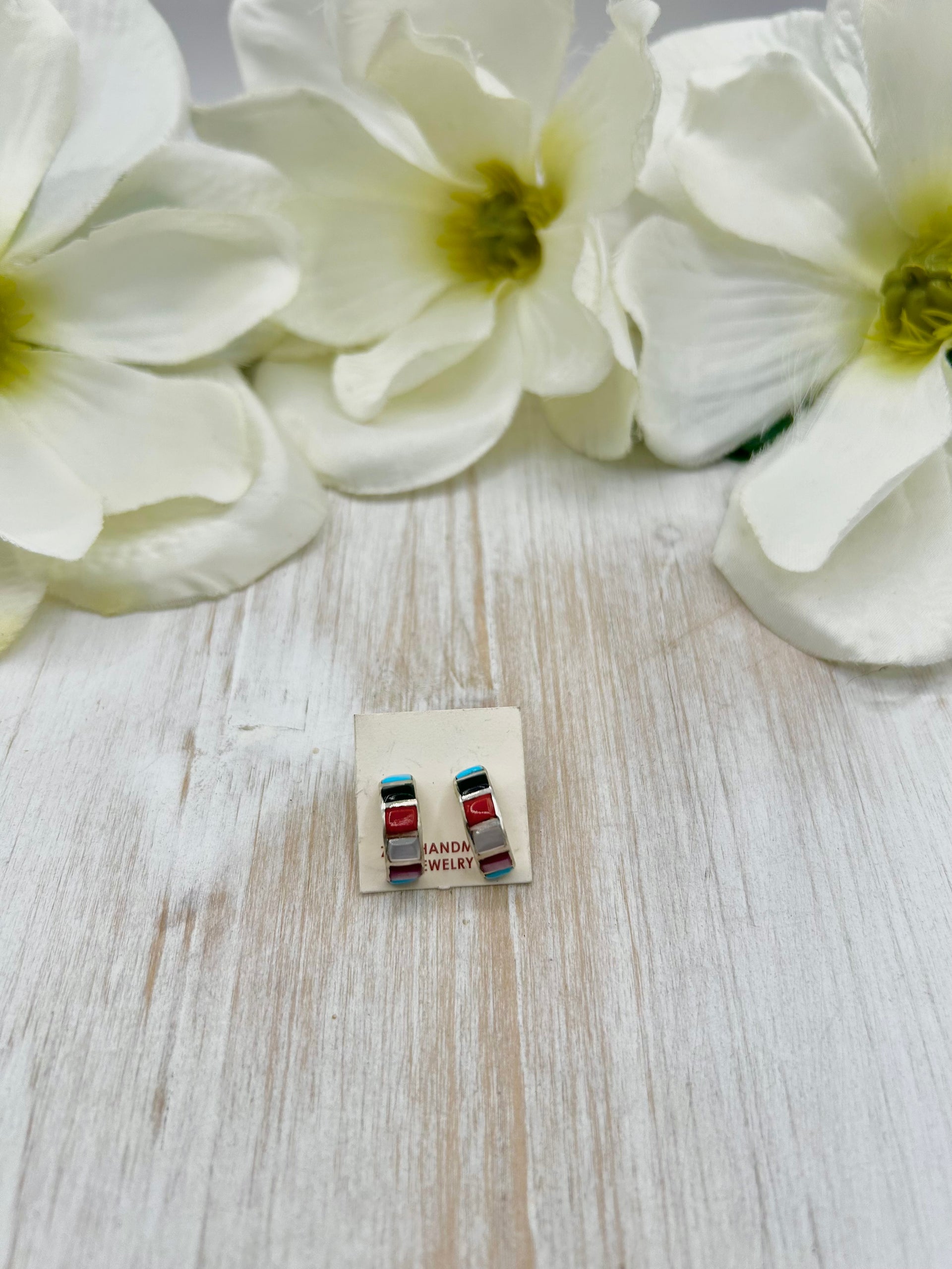 Zuni Made Multi Stone & Sterling Silver Post Earrings