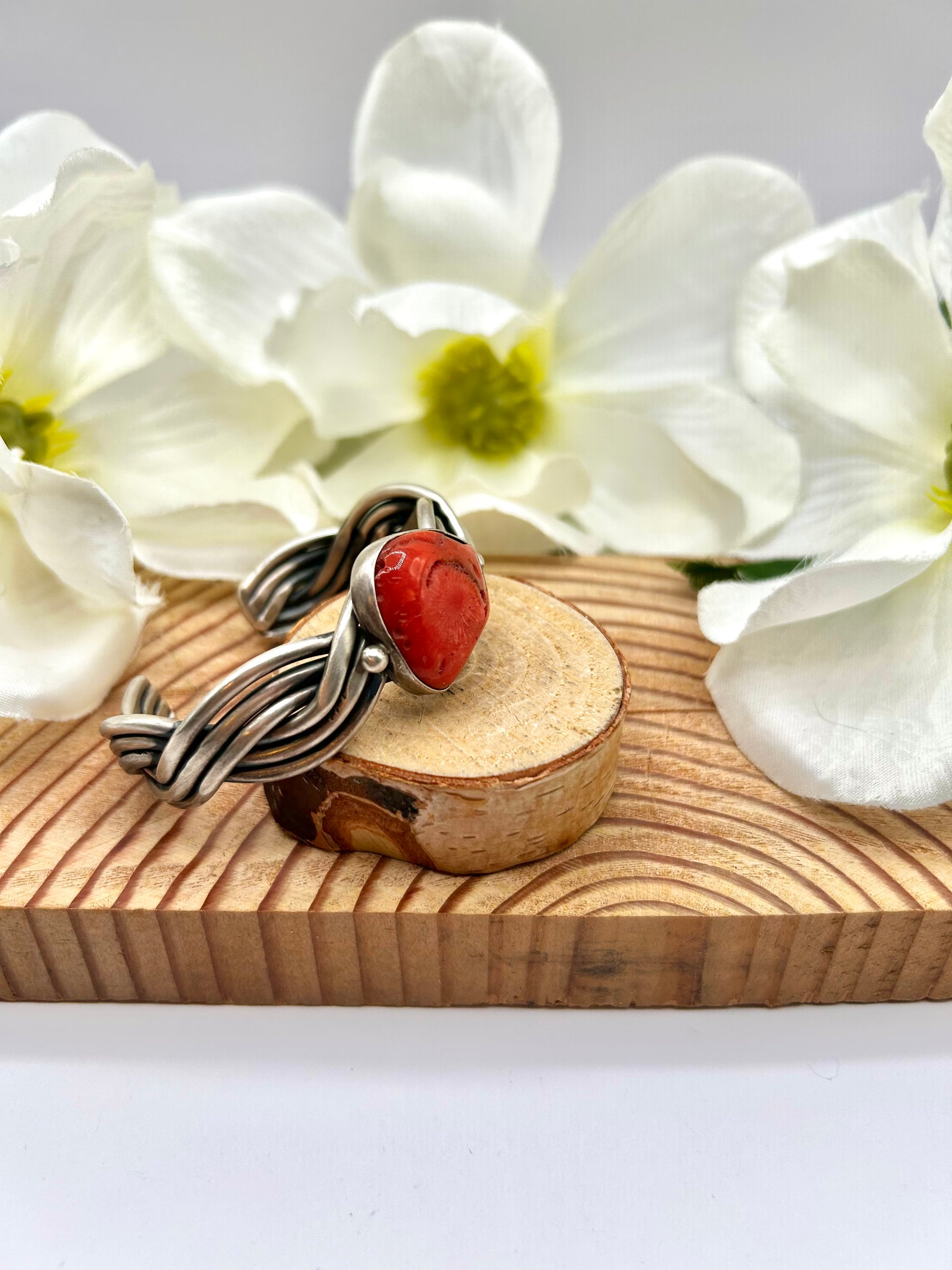Navajo Made Natural Coral & Sterling Silver Cuff Bracelet