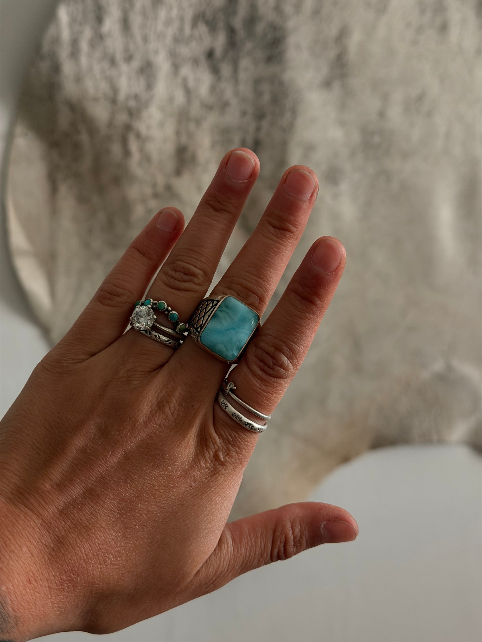 Navajo Made Larimar & Sterling Silver Cast Ring Size 8.5