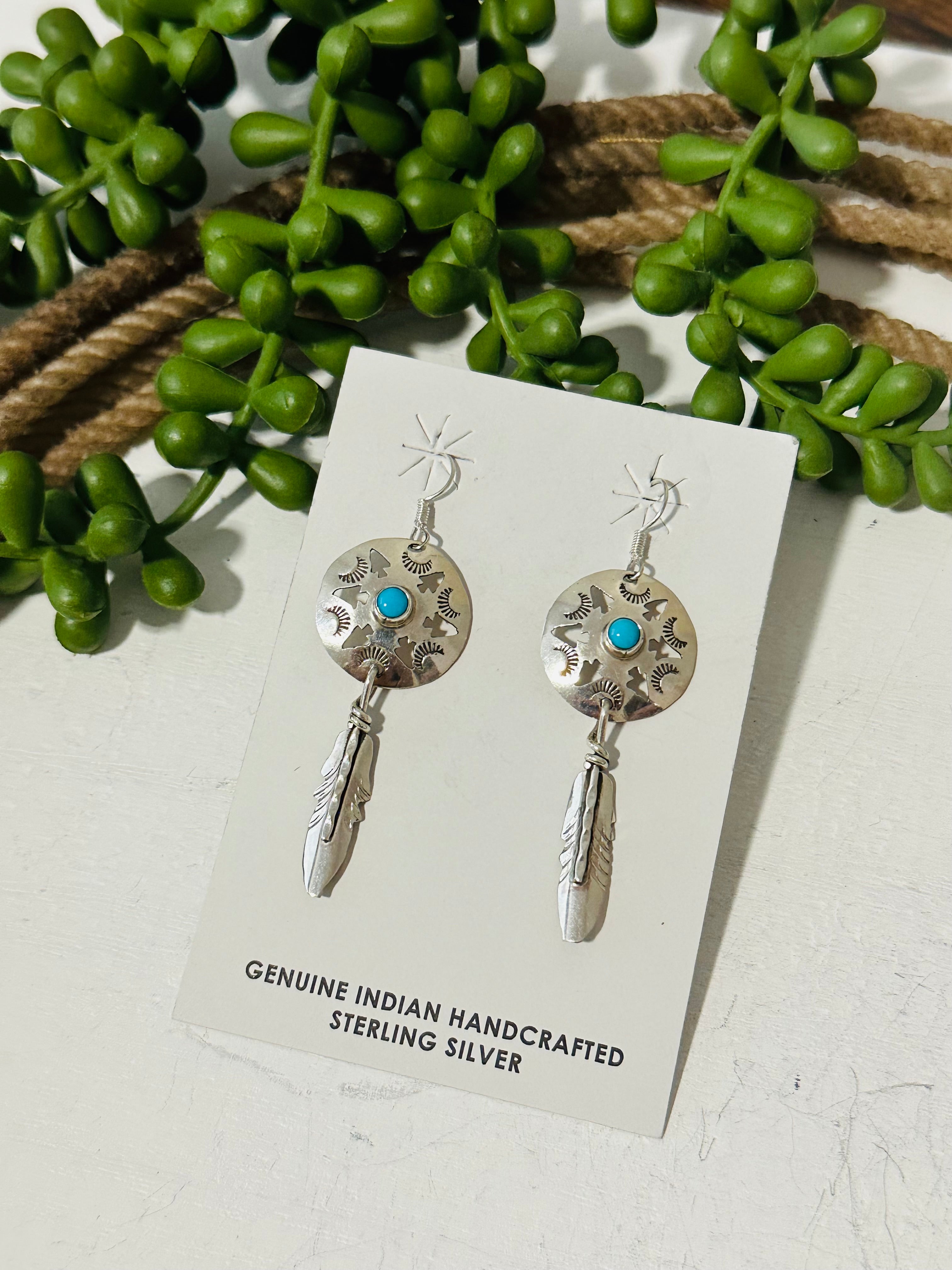 Navajo Made Kingman Turquoise & Sterling Silver Dangle Earrings