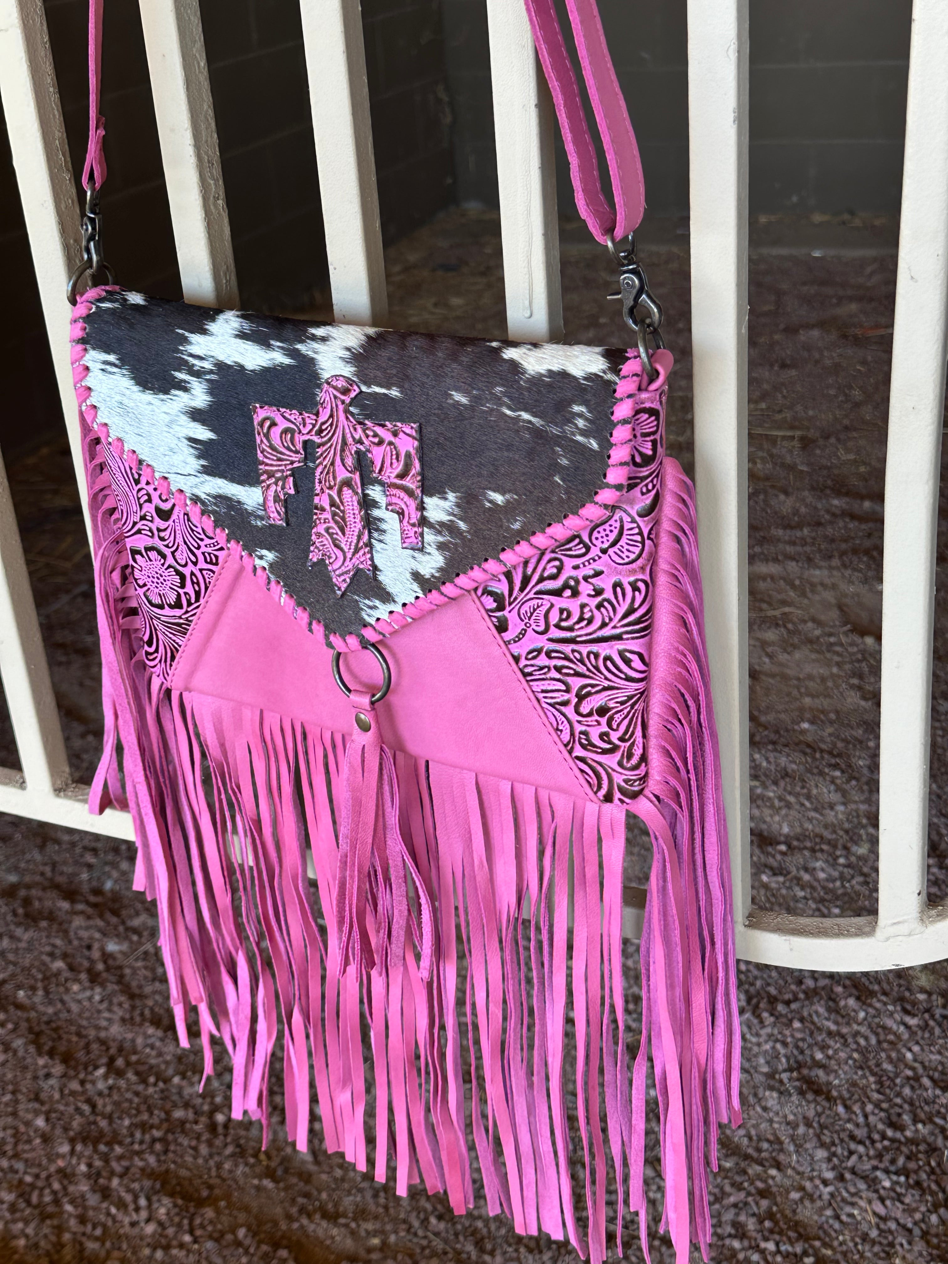 Genuine Tooled Leather & Cowhide Fringe Purse