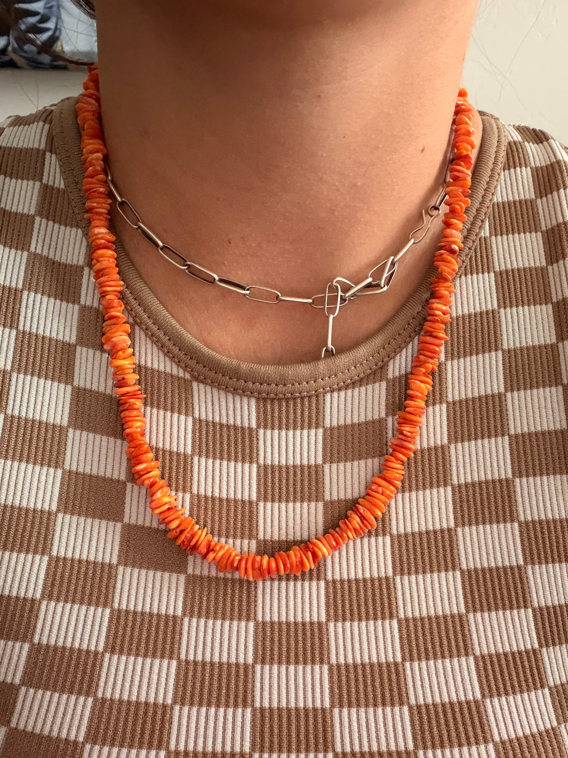Handmade Spiny Oyster & Sterling Silver Beaded Necklace
