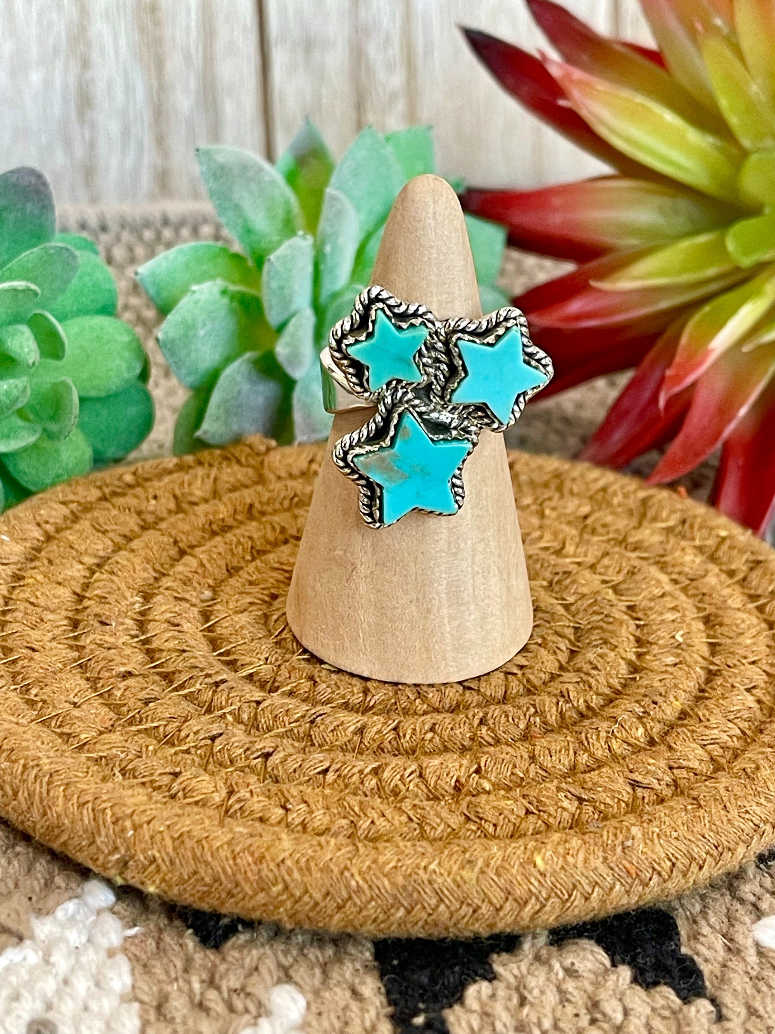 Southwest Handmade Kingman Turquoise & Sterling Silver Adjustable Star Ring