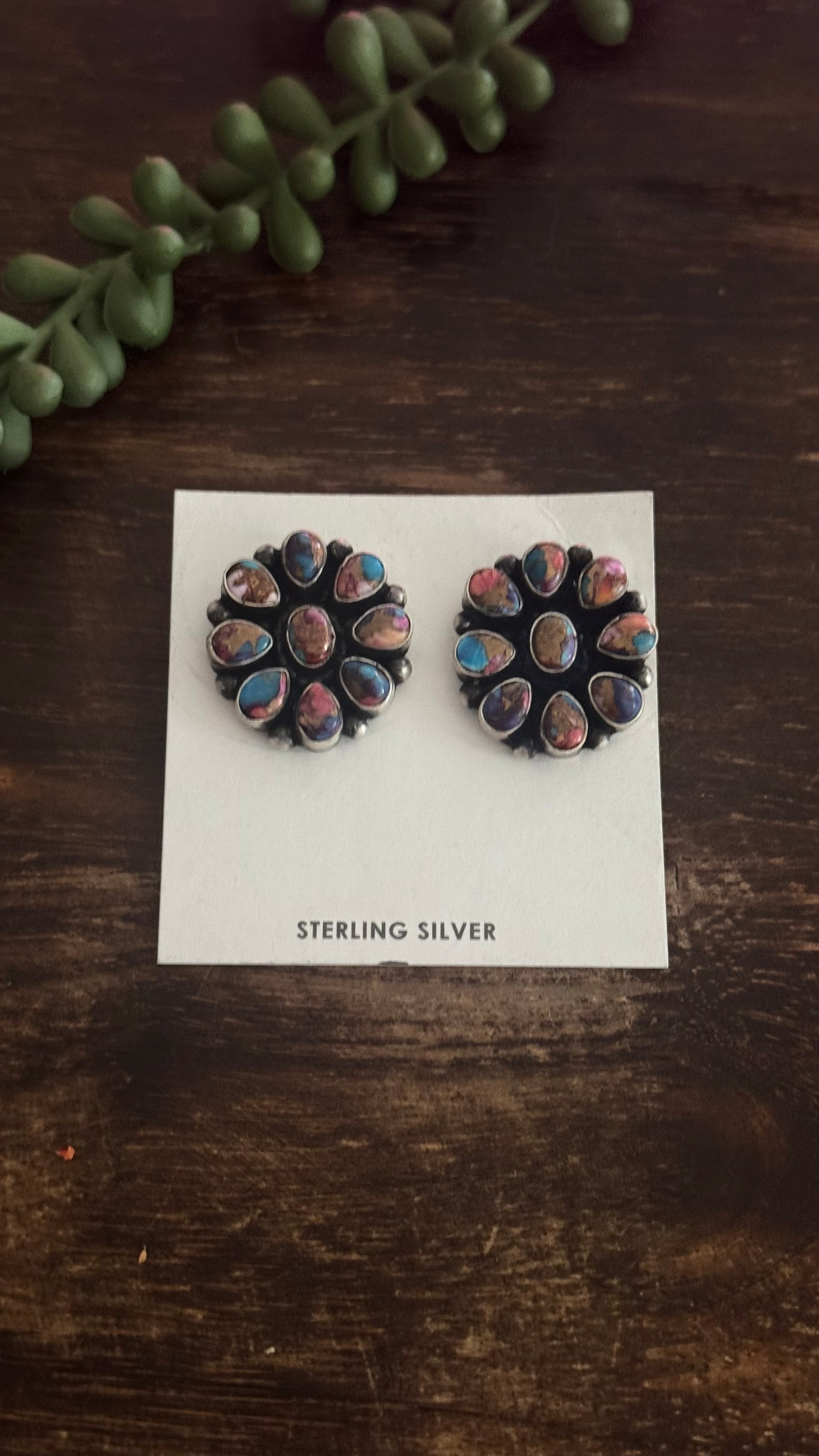 Navajo Made Pink Mohave Turquoise & Sterling Silver Post Cluster Earrings