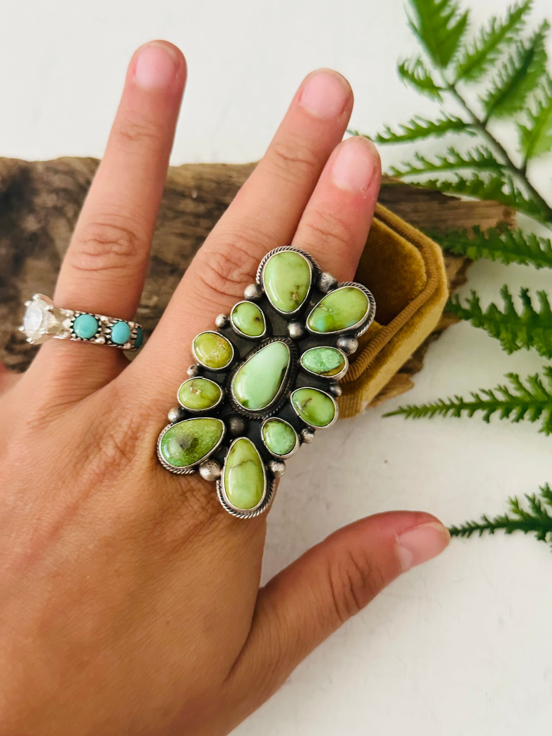 Sheila Tso Sonoran Gold Turquoise Sterling Silver Cluster Ring Size 8