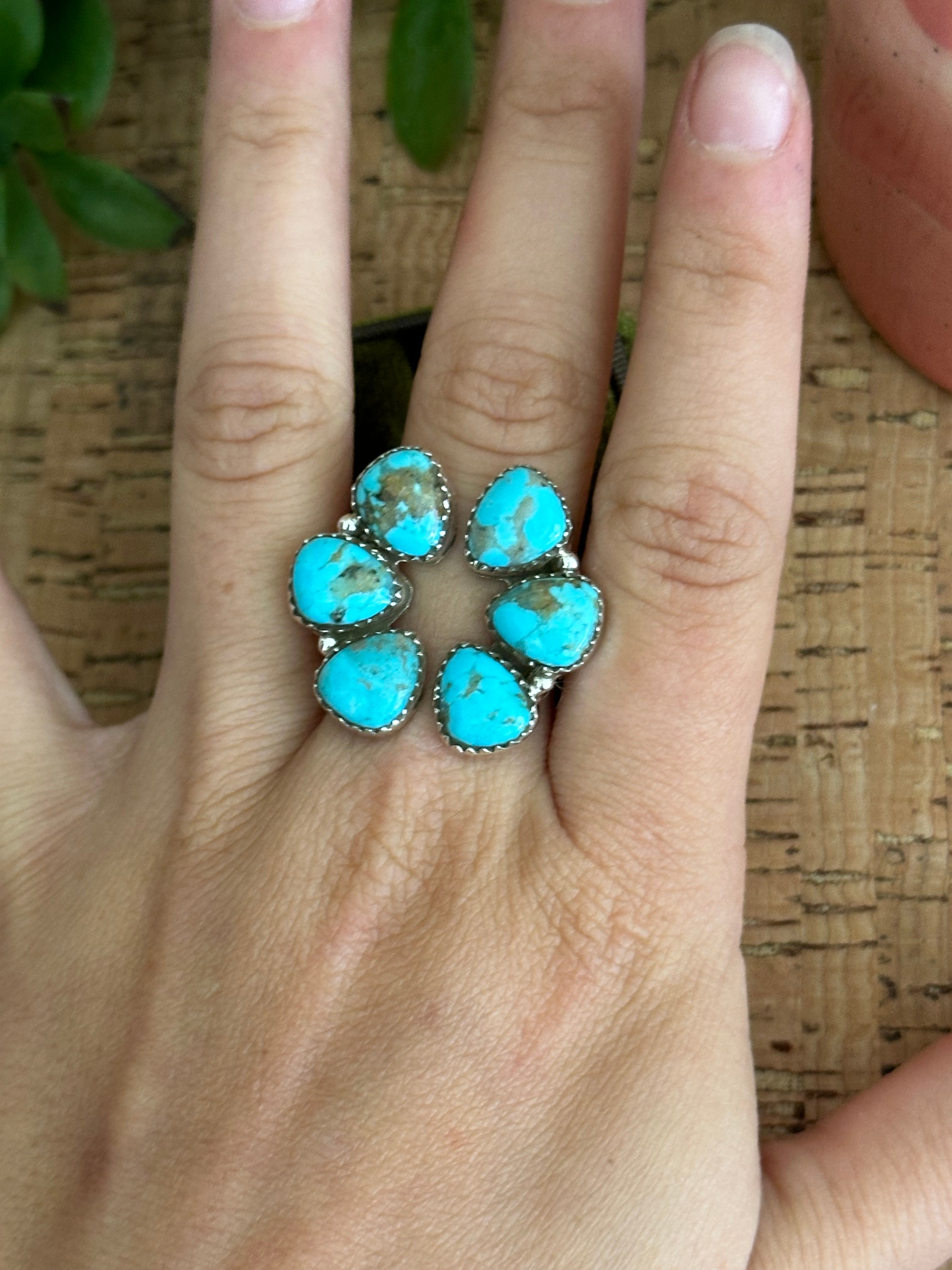 Southwest Handmade Kingman Turquoise & Sterling Silver Adjustable Cluster Ring