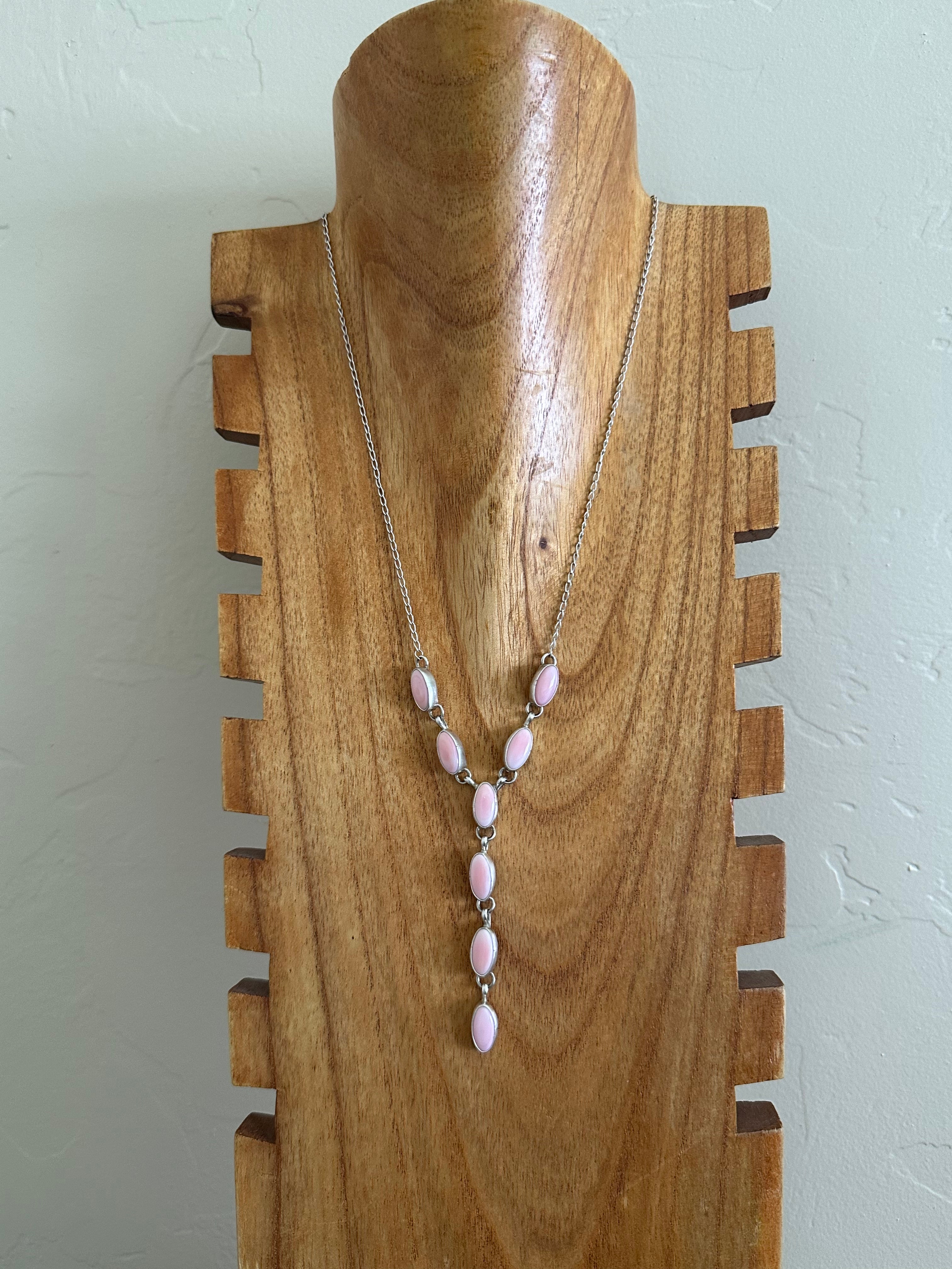 Navajo Made Pink Conch & Sterling Silver Lariat Necklace Set