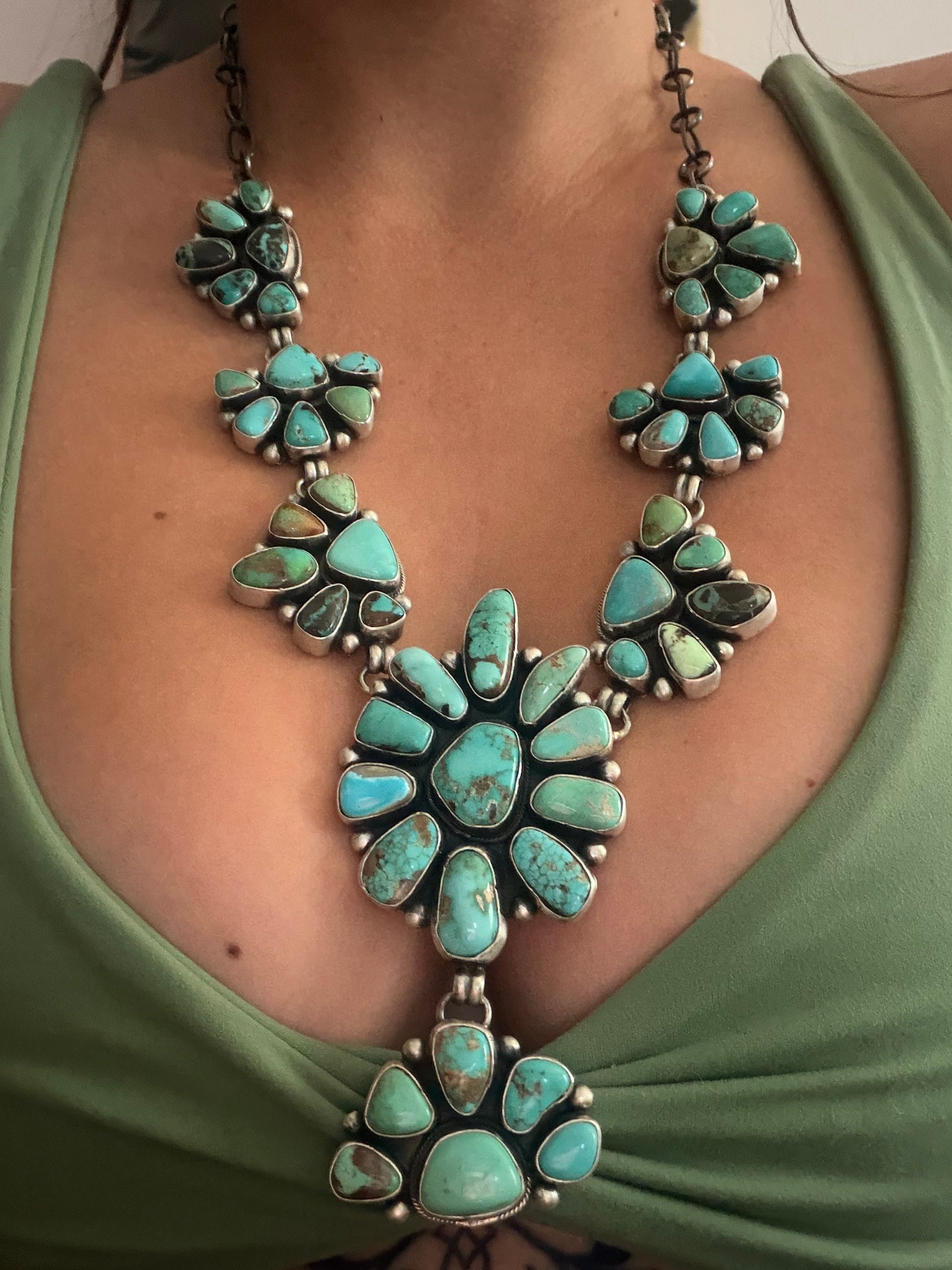 Betty Tom Mixed Turquoise & Sterling Silver Cluster Necklace Set