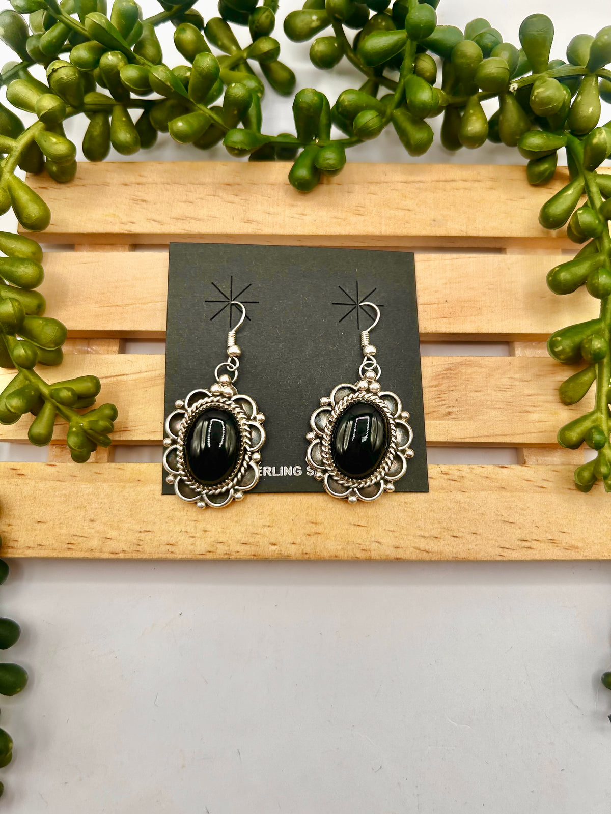 Old Pawn Navajo Made Onyx & Sterling Silver Dangle Earrings