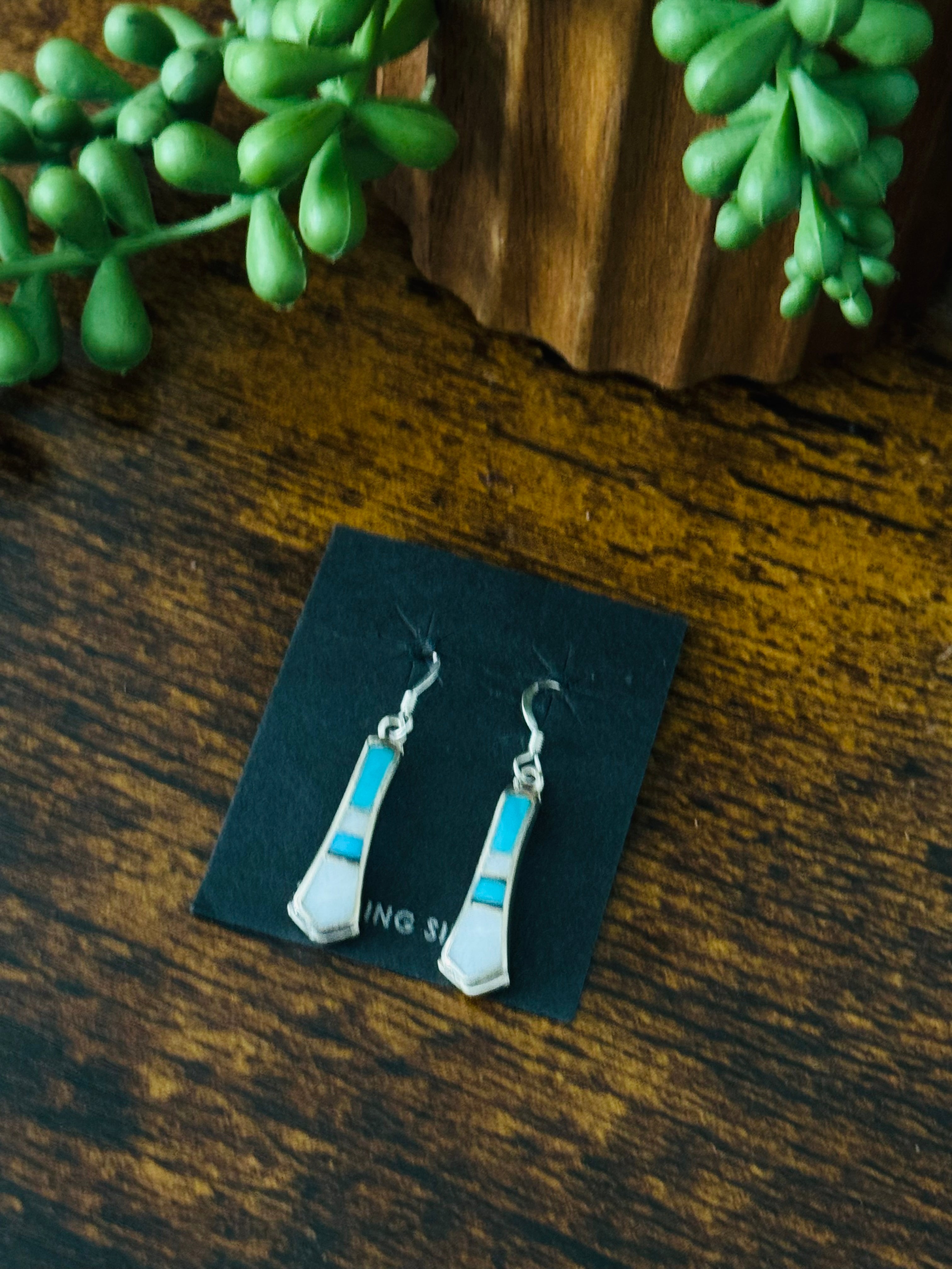 Navajo Made Multi Stone & Sterling Silver Inlay Dangle Earrings