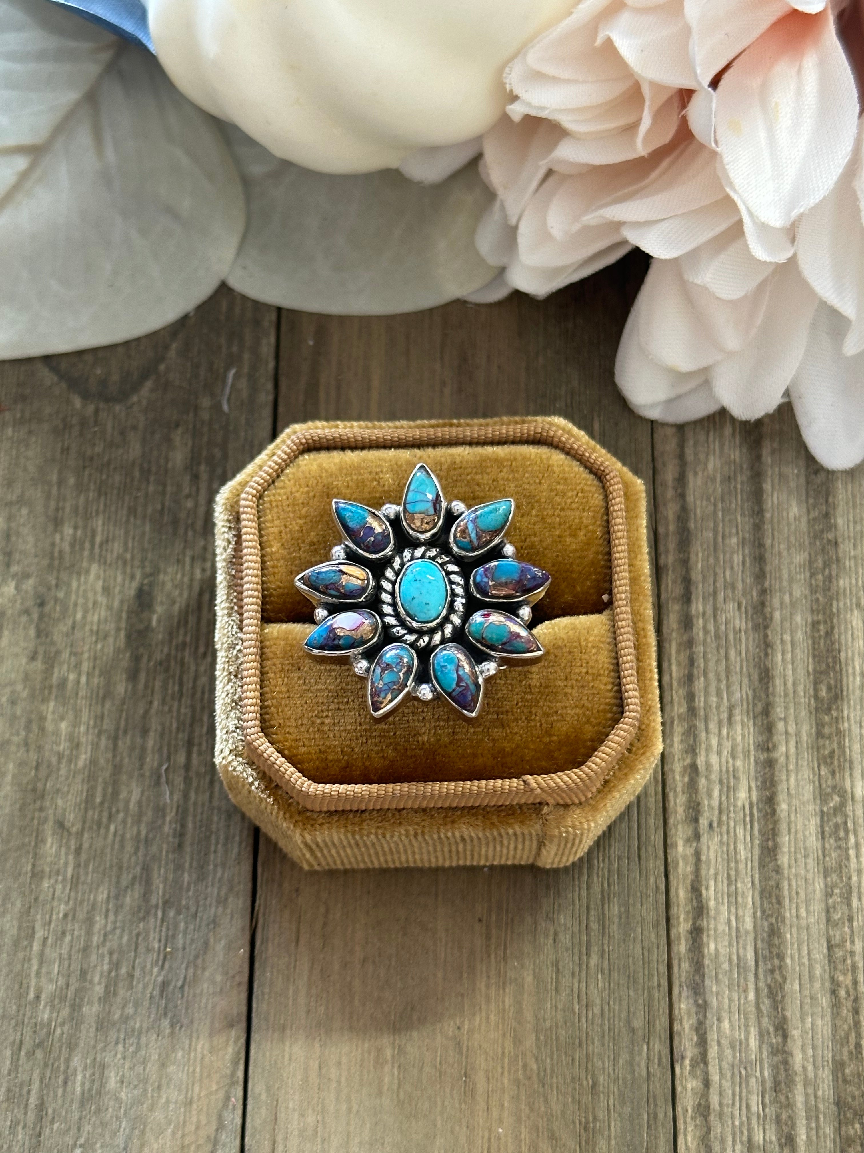 Southwest Handmade Mohave Turquoise & Sterling Silver Adjustable Cluster Ring