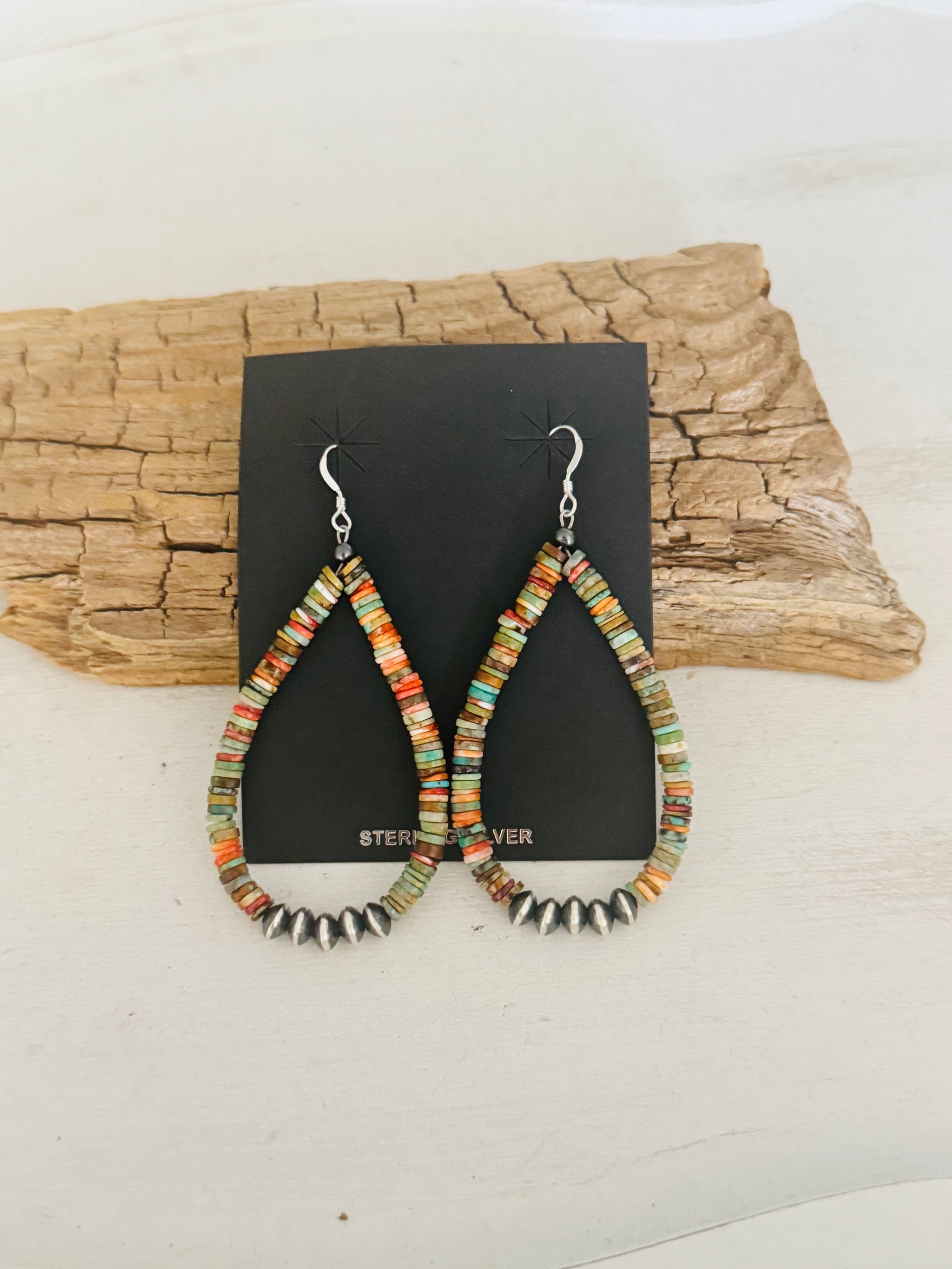 Navajo Strung Multi Stone & Sterling Silver Beaded Dangle Earrings
