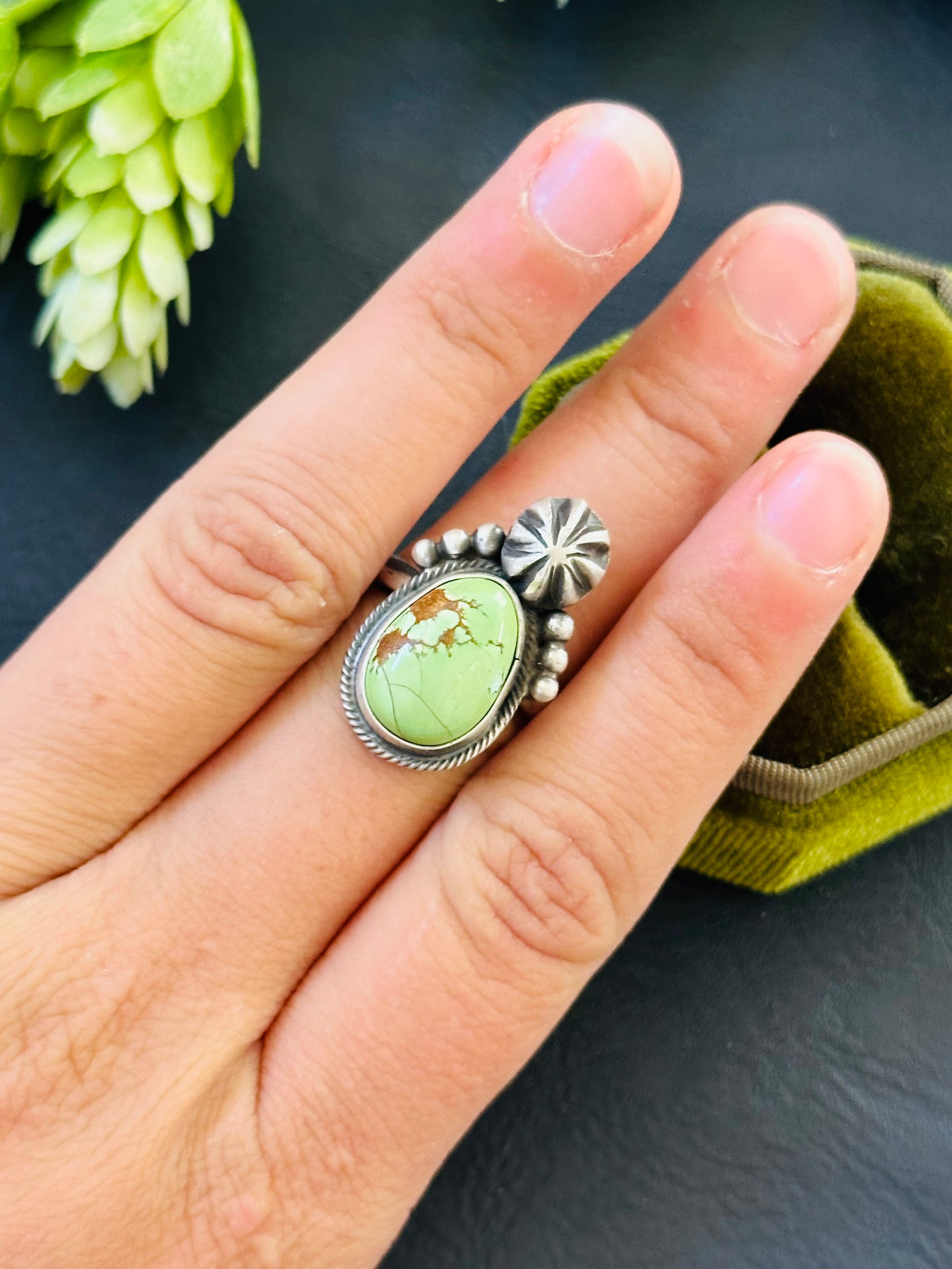 Marie Tsosie Sonoran Gold Turquoise & Sterling Silver Ring Size 7.5