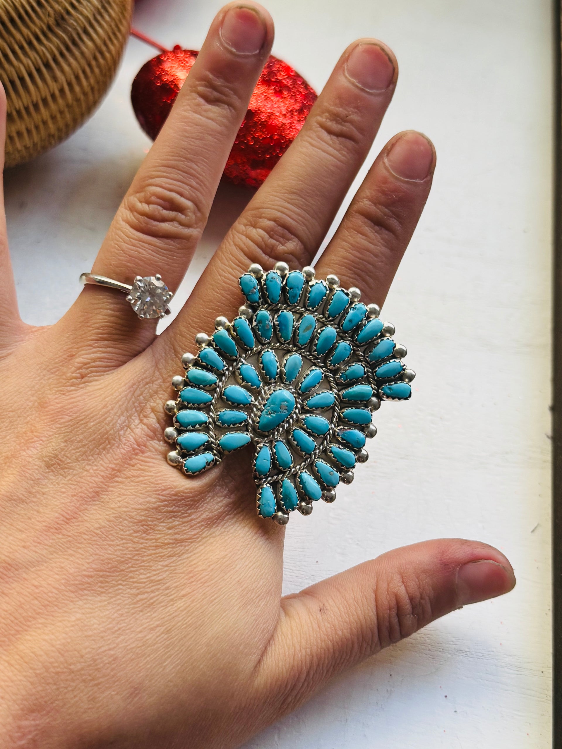 Navajo Made Sleeping Beauty & Sterling Silver Cluster Adjustable Ring