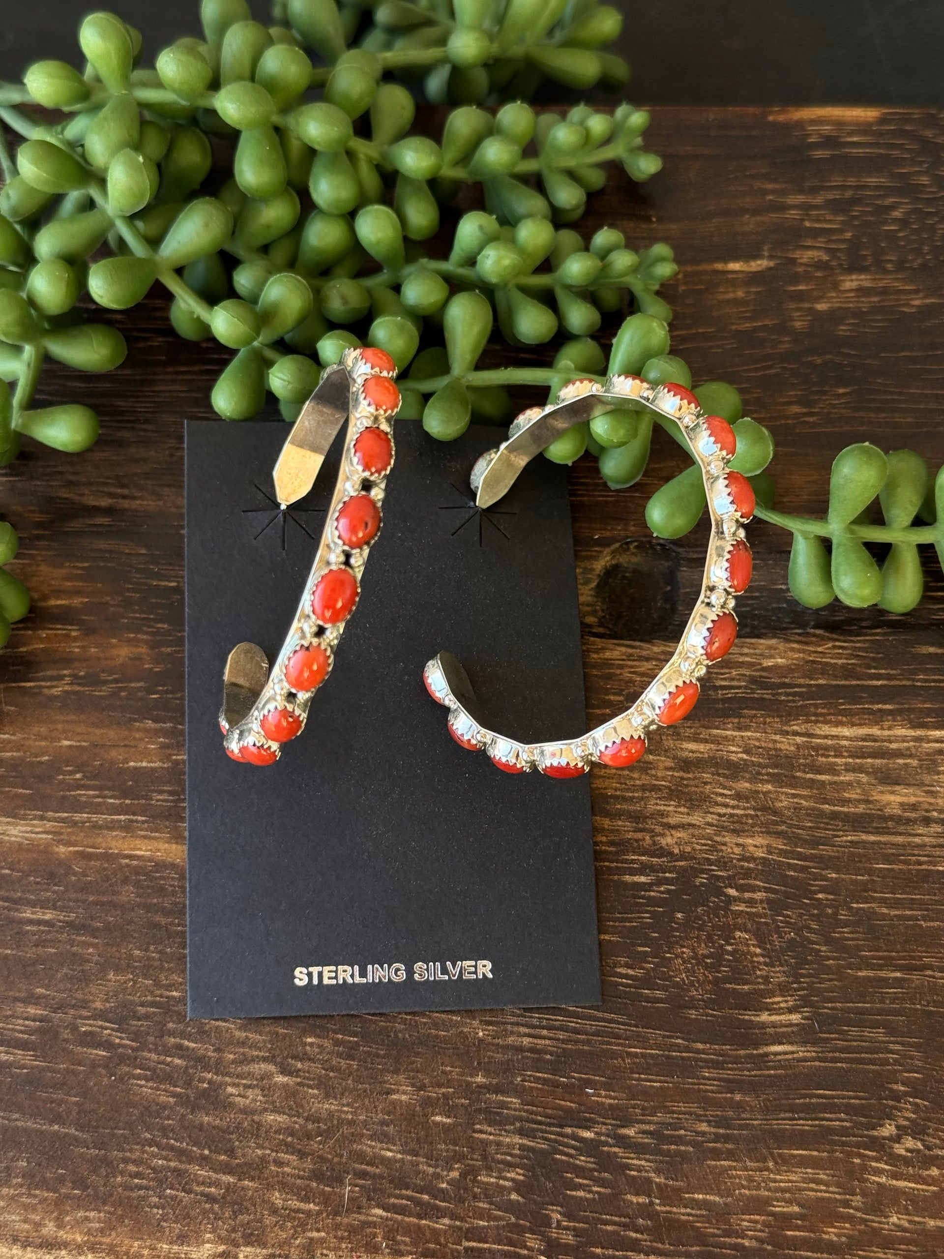 Navajo Made Coral & Sterling Silver Hoop Earrings
