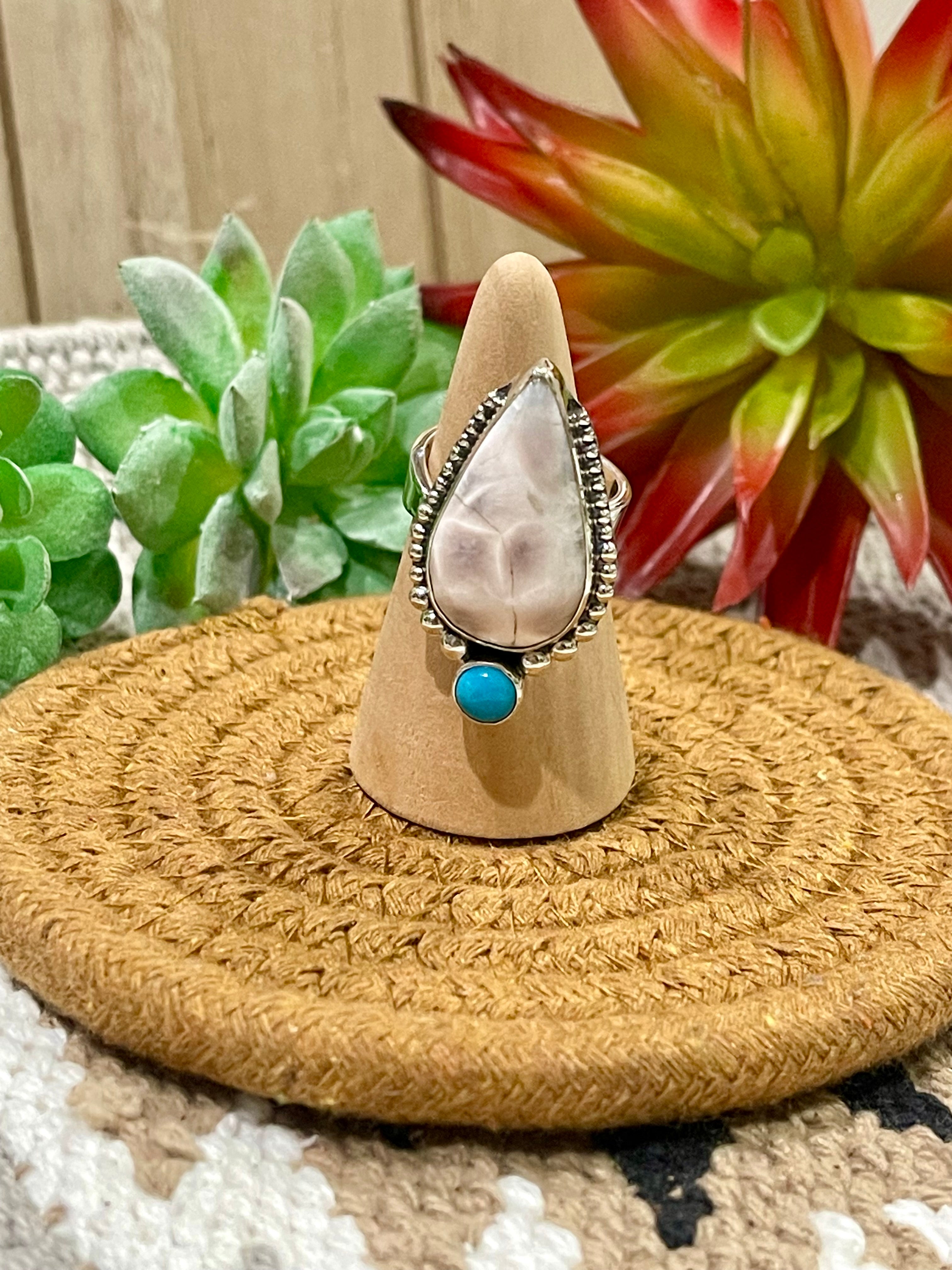 Southwest Handmade Pink Larimar With Kingman Turquoise & Sterling Silver Adjustable Ring