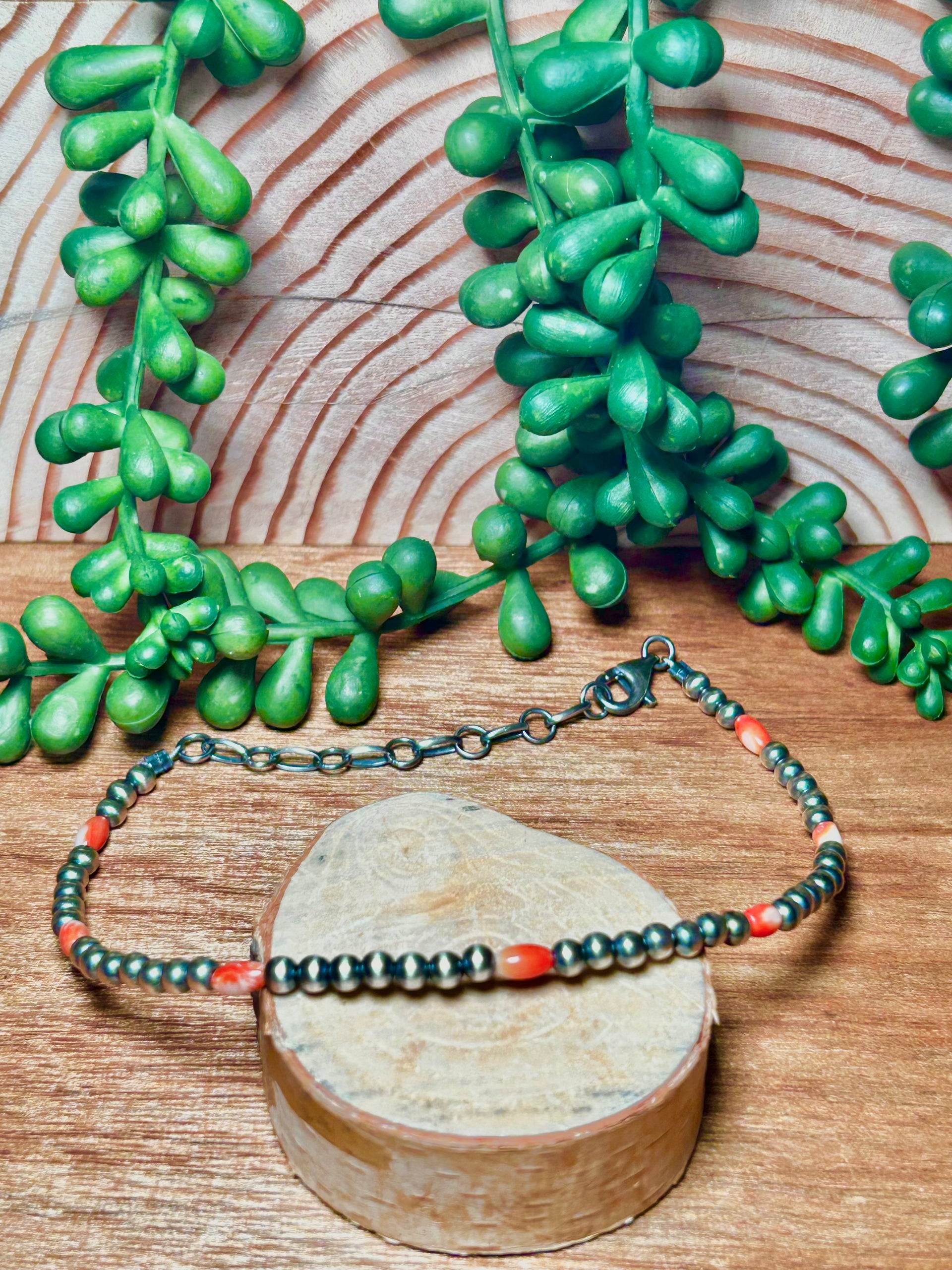 Navajo Made Spiny Oyster &  Sterling Silver Strung 4 MM Anklet