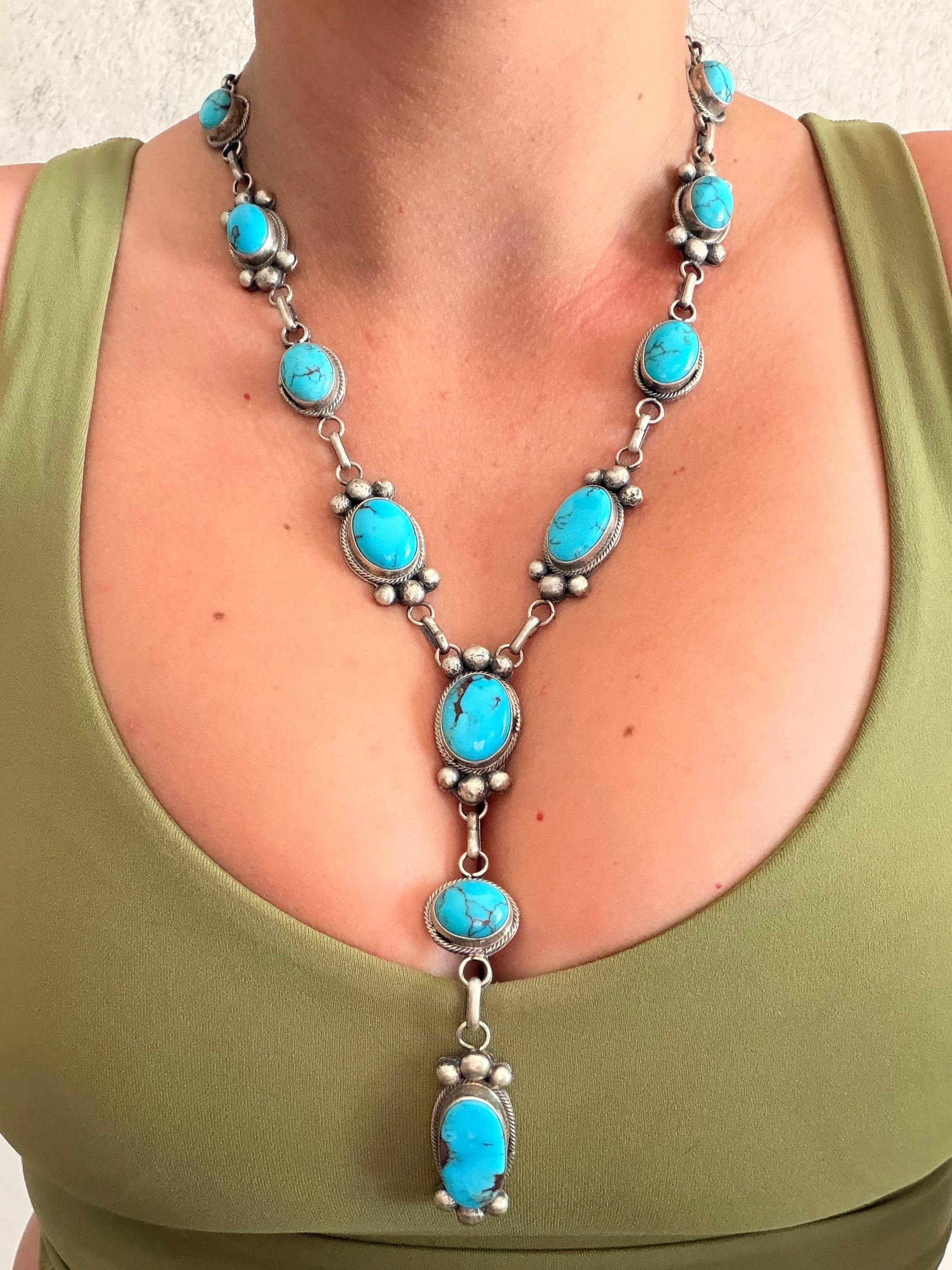 Navajo Made Egyptian Prince Turquoise & Sterling Silver Lariat Necklace Set