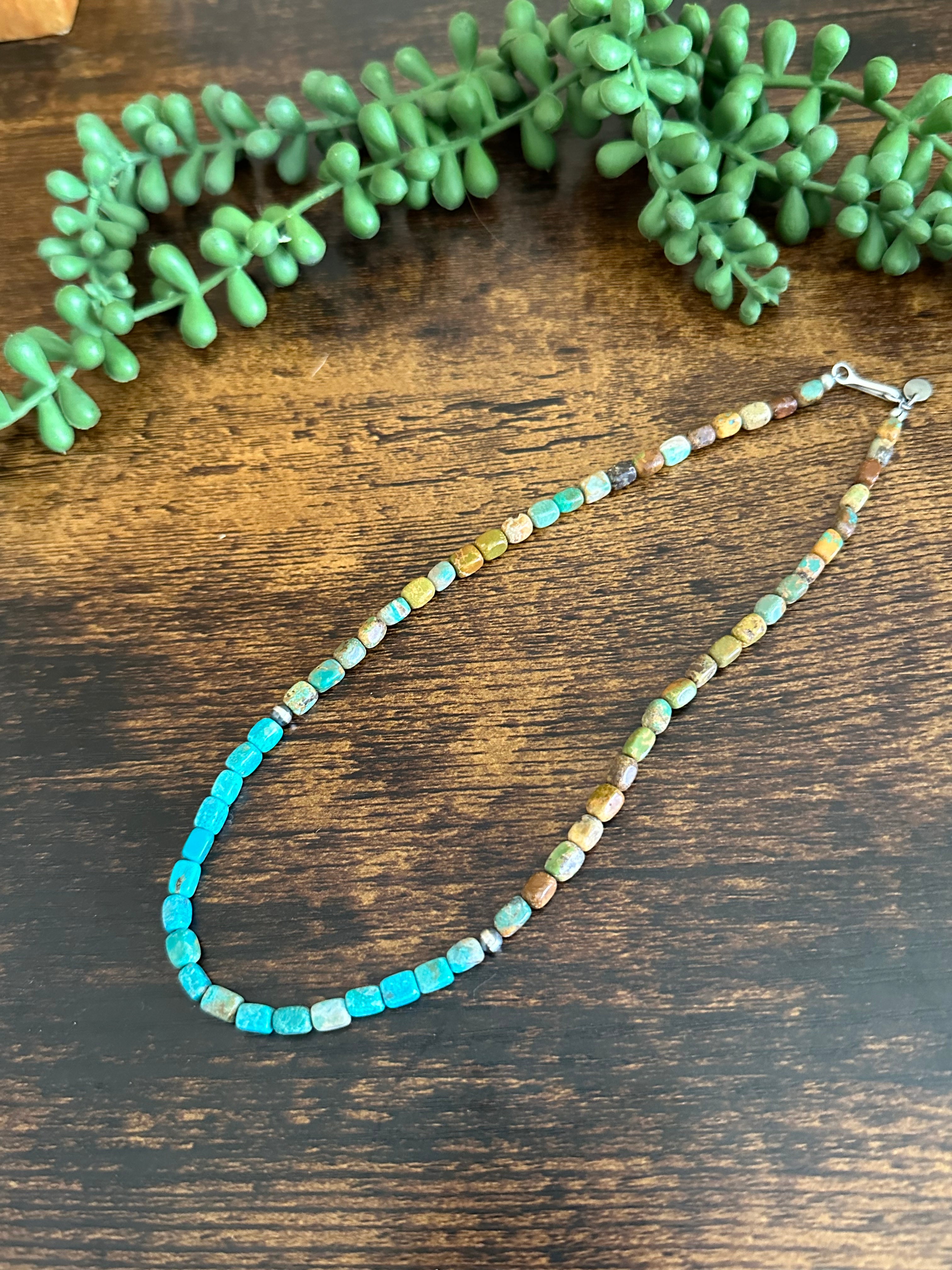 Navajo Strung Royston Turquoise & Sterling Silver Pearls Beaded Necklace