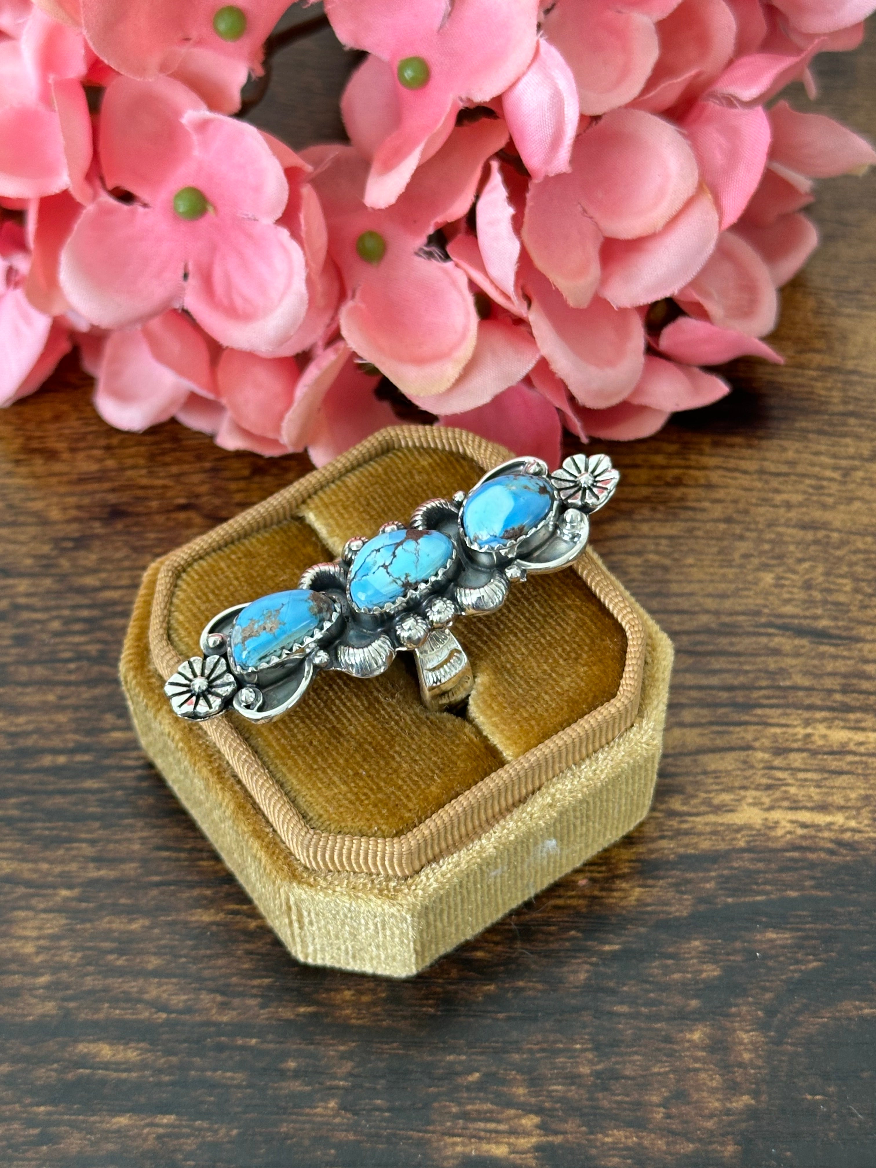 Southwest Handmade Golden Hills Turquoise & Sterling Silver Cluster Adjustable Ring