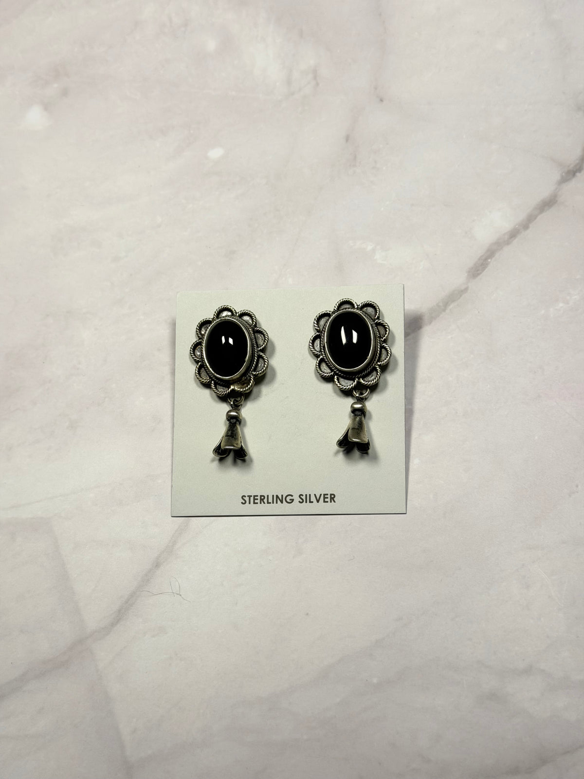 Navajo Made Onyx & Sterling Silver Post Dangle Blossom Earrings