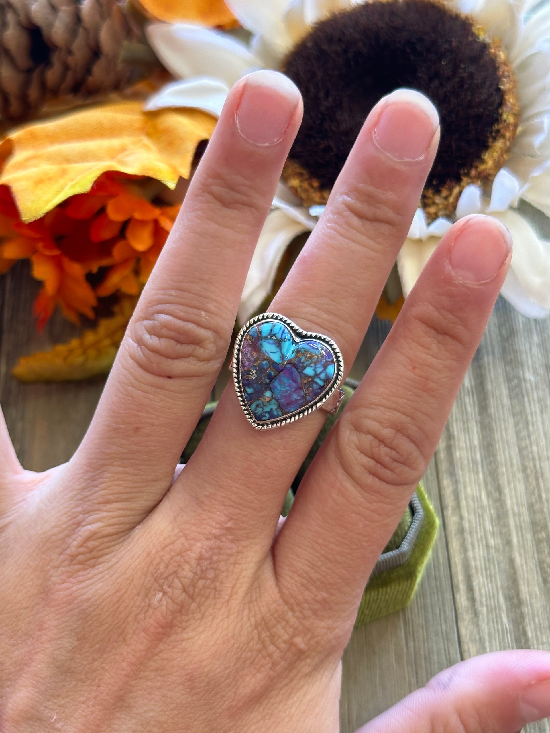 Southwest Handmade Mohave Turquoise & Sterling Silver Adjustable Heart Ring
