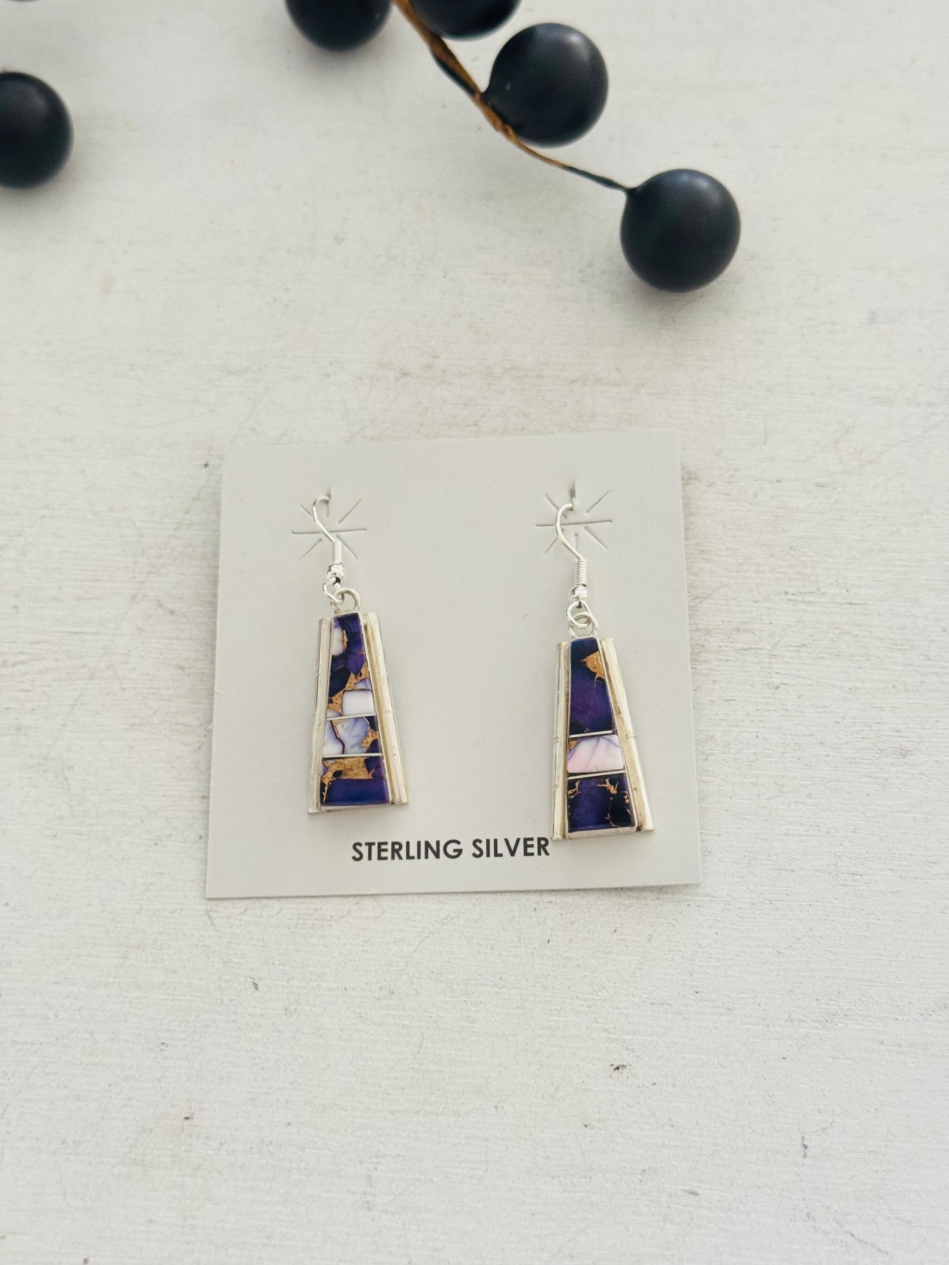 Steve Francisco Violet Rose Composite & Sterling Silver Dangle Inlay Earrings