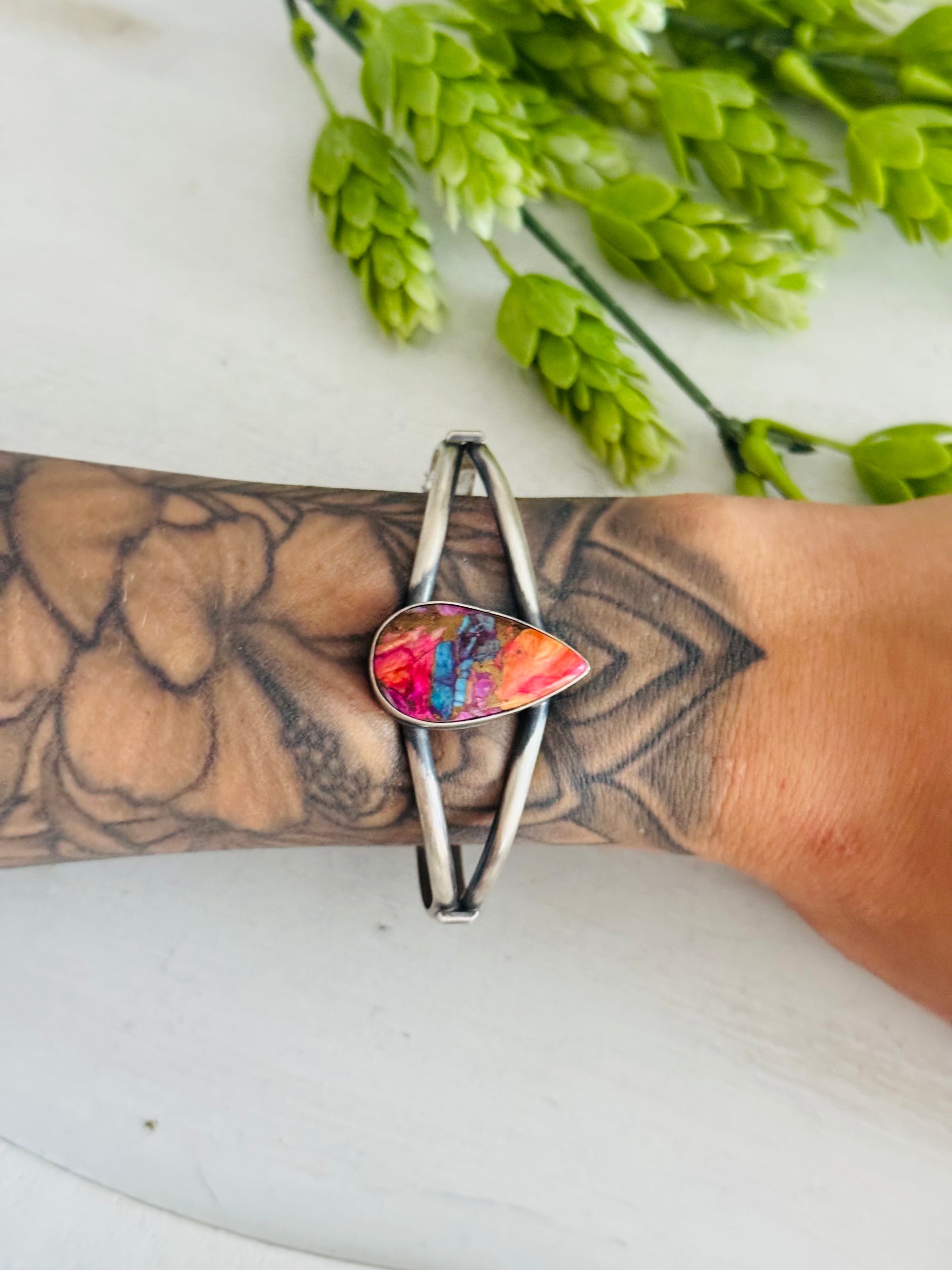 Navajo Made Mohave Turquoise  & Sterling Silver Cuff Bracelet