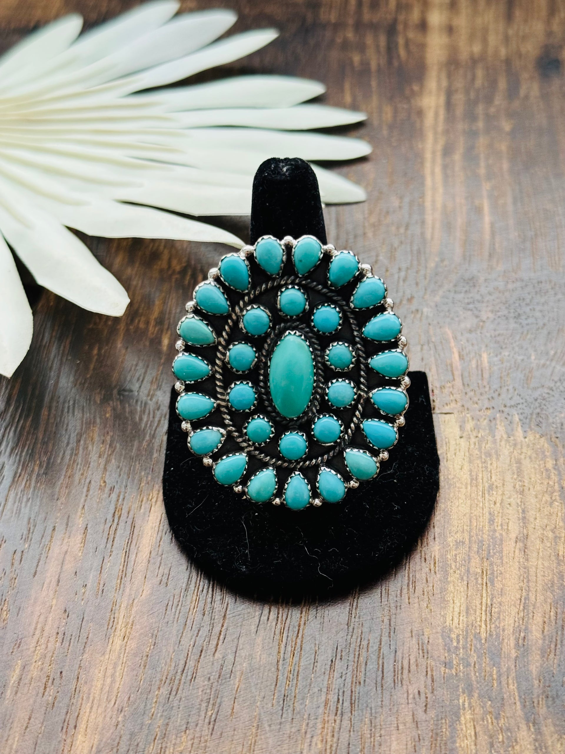 Southwest Handmade Kingman Turquoise & Sterling Silver Adjustable Cluster Ring