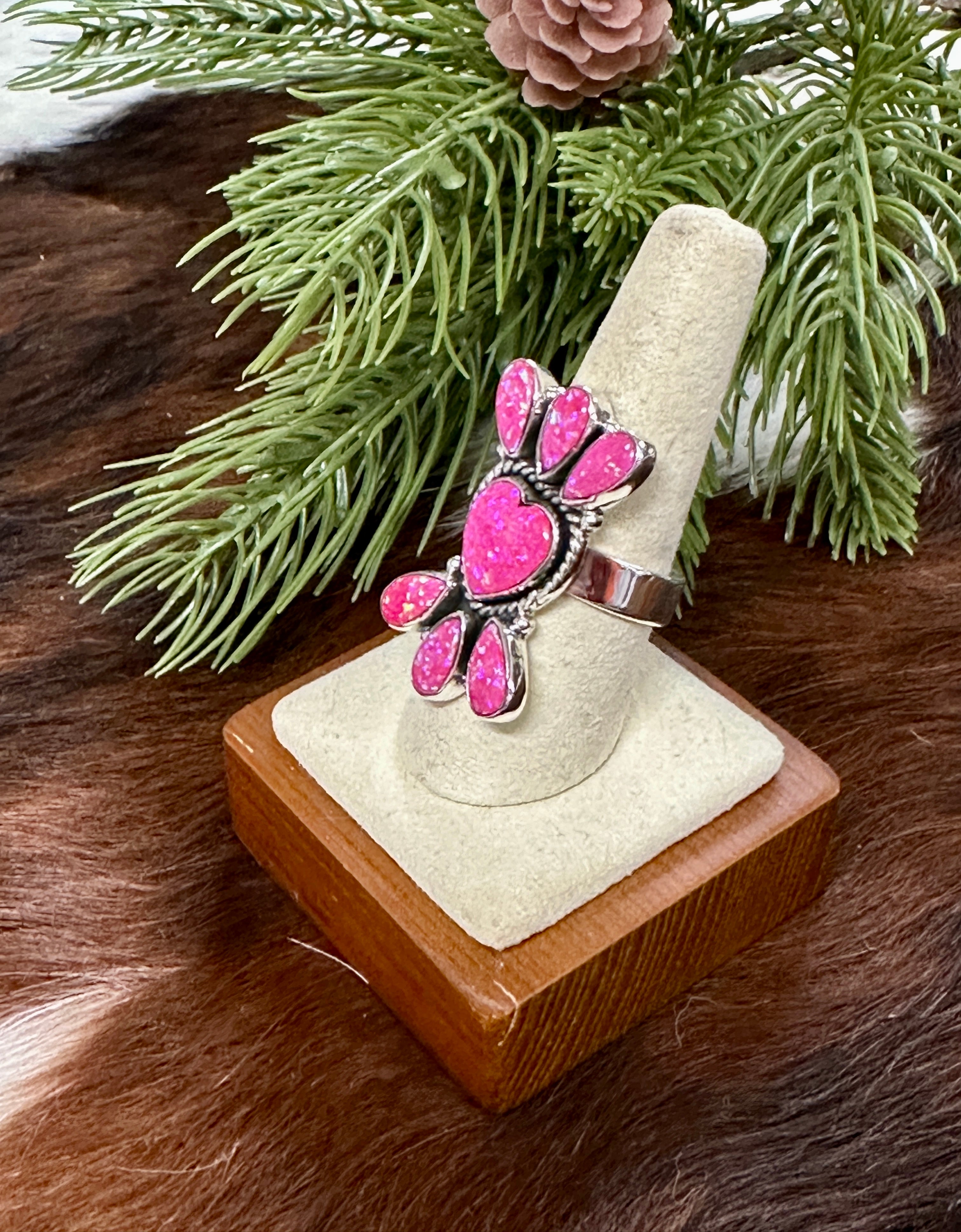 Southwest Handmade Hot Pink Opal & Sterling Silver Cluster Adjustable Rings