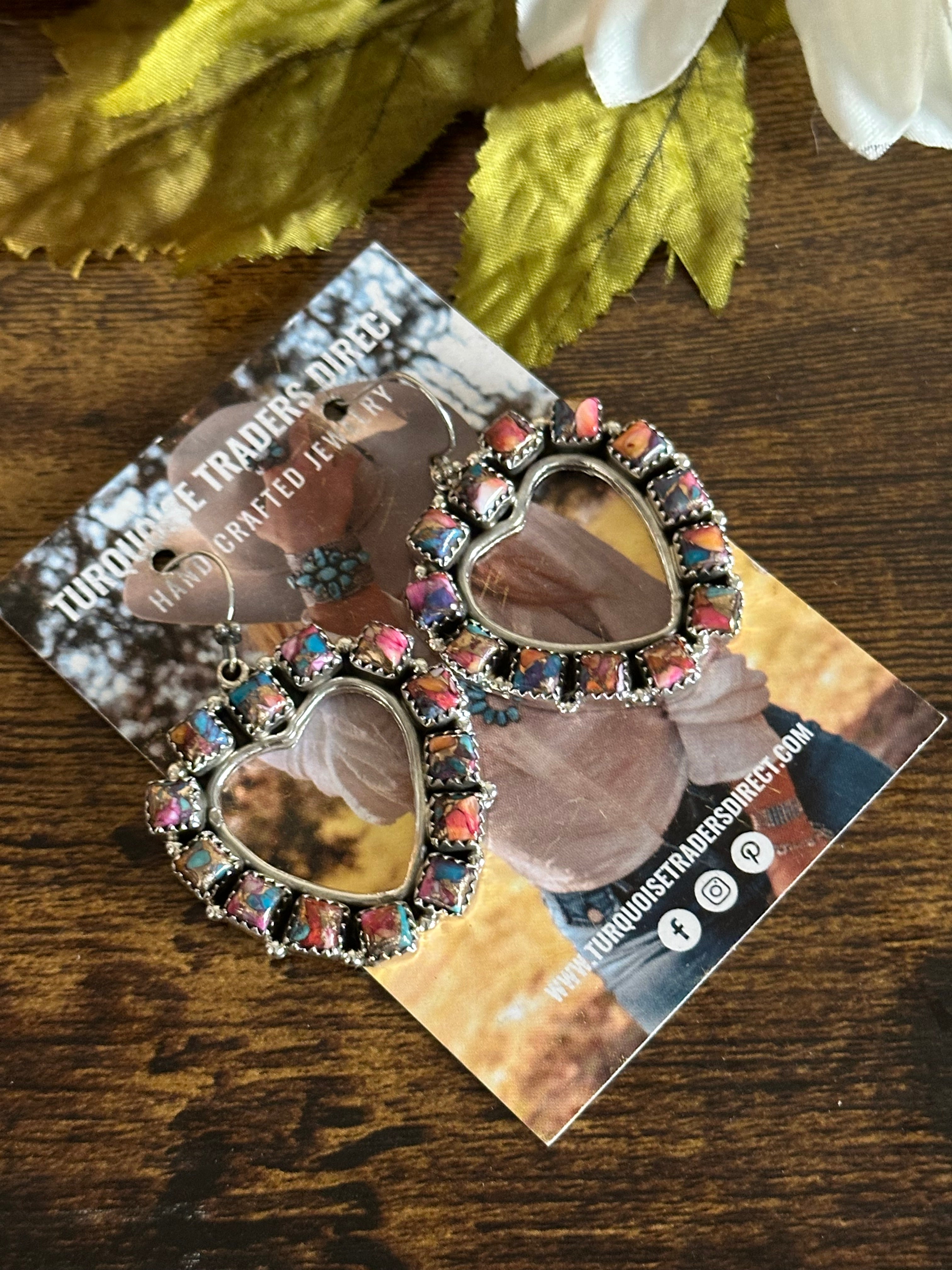 Southwest Handmade Mohave Turquoise & Sterling Silver Dangle Cluster Heart Earrings